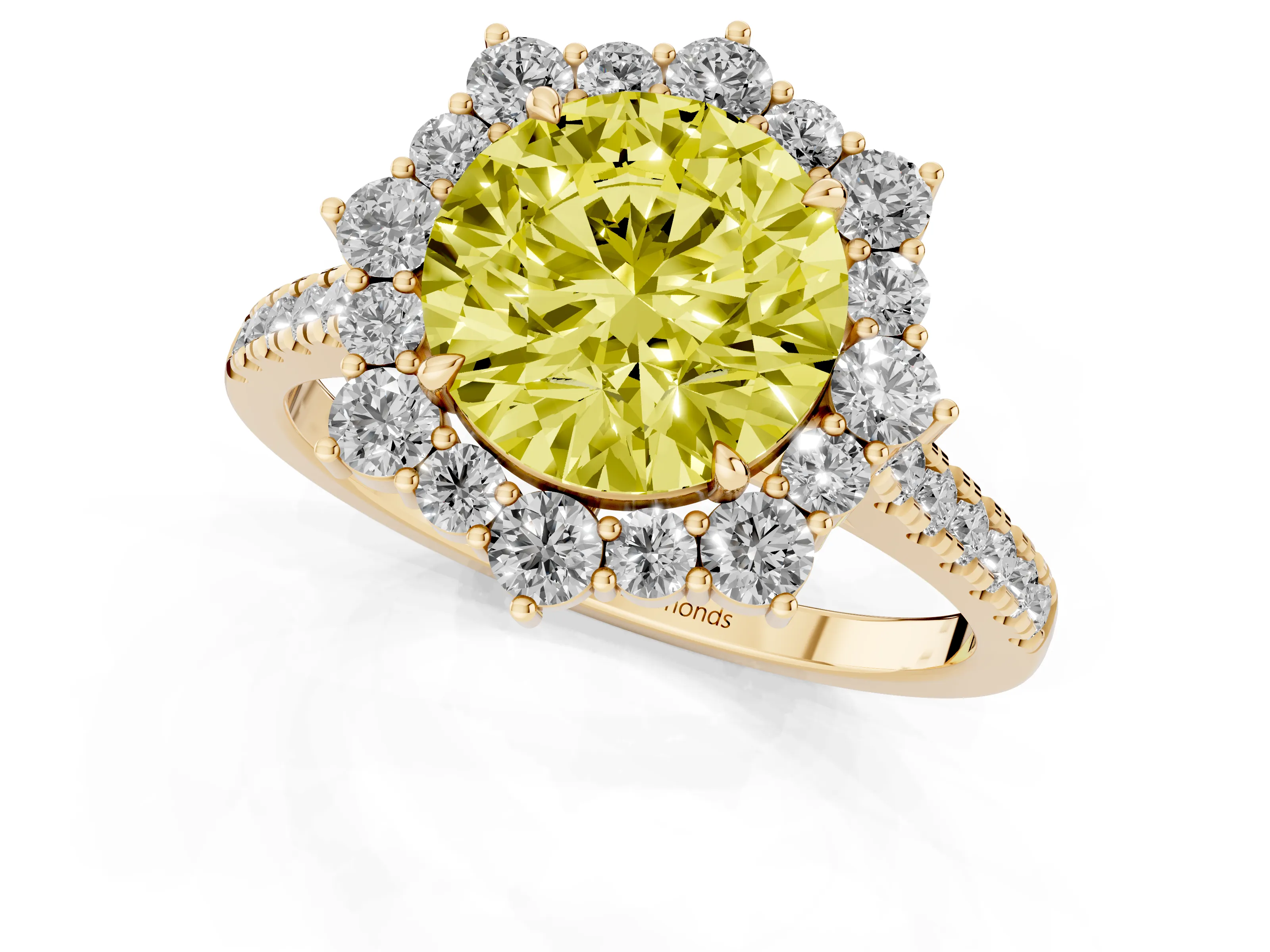 Fancy Yellow Round Cut Diamond Halo Ring Set in Yellow gold with Pavé Band and Prong Setting