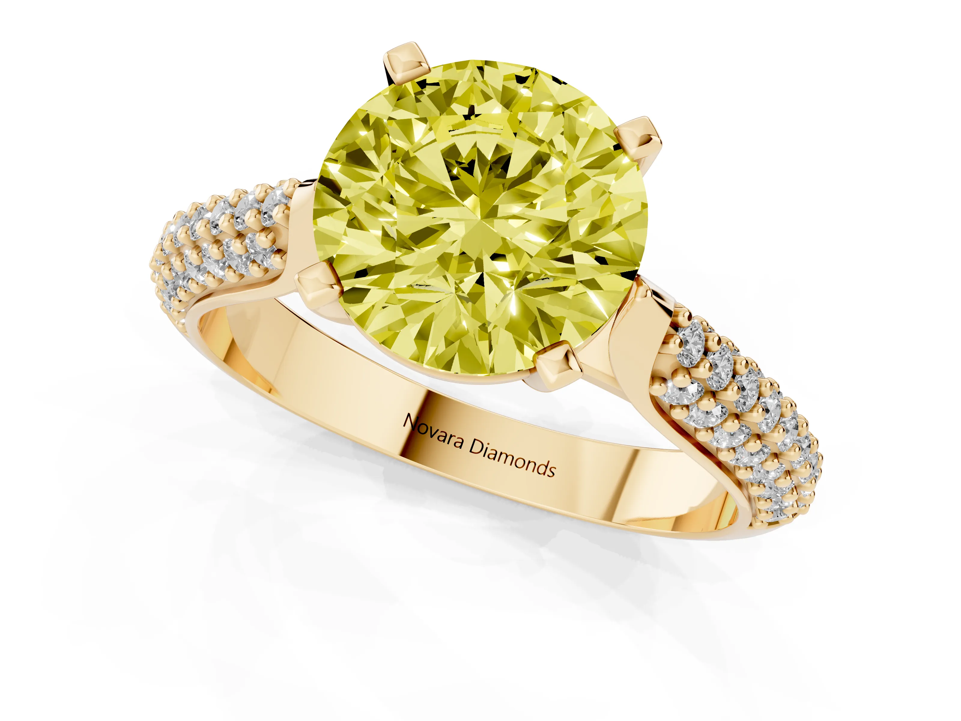 Fancy Yellow Round Cut Diamond Solitaire Engagement Ring Set in Yellow gold with Multi-Row Round Pavé Band and Prong Setting