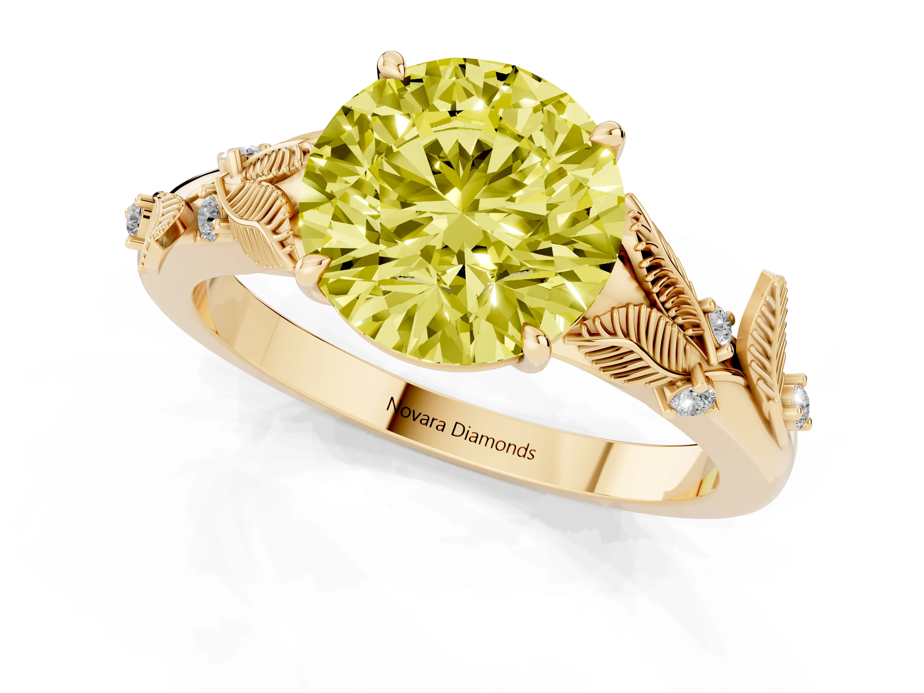 Fancy Yellow Round Cut Diamond Solitaire Ring Set in Yellow gold with Leaf Motif Band