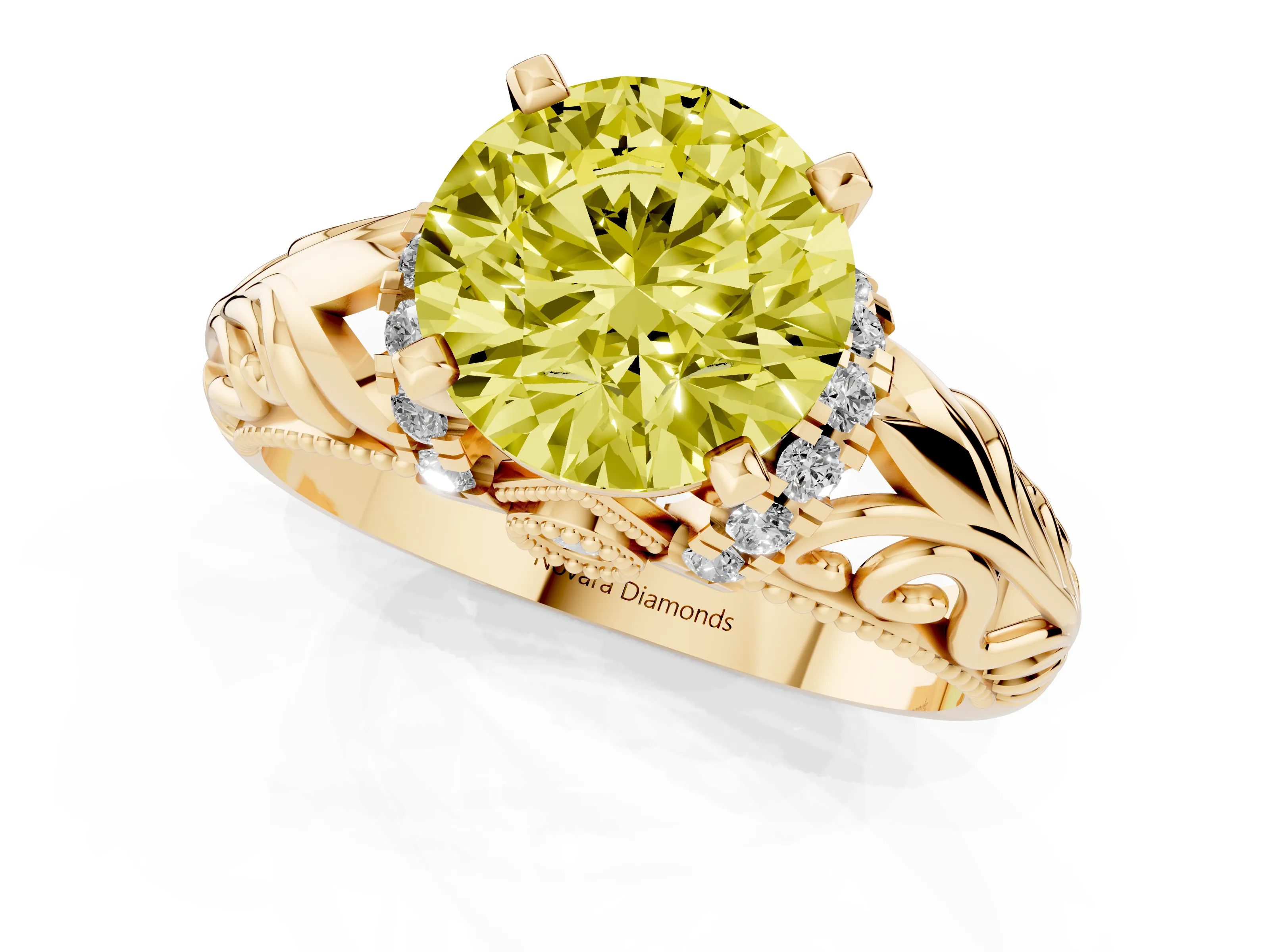 Fancy Yellow Round Cut Diamond Filigree Halo Engagement Ring Set in Yellow gold with Prong Setting
