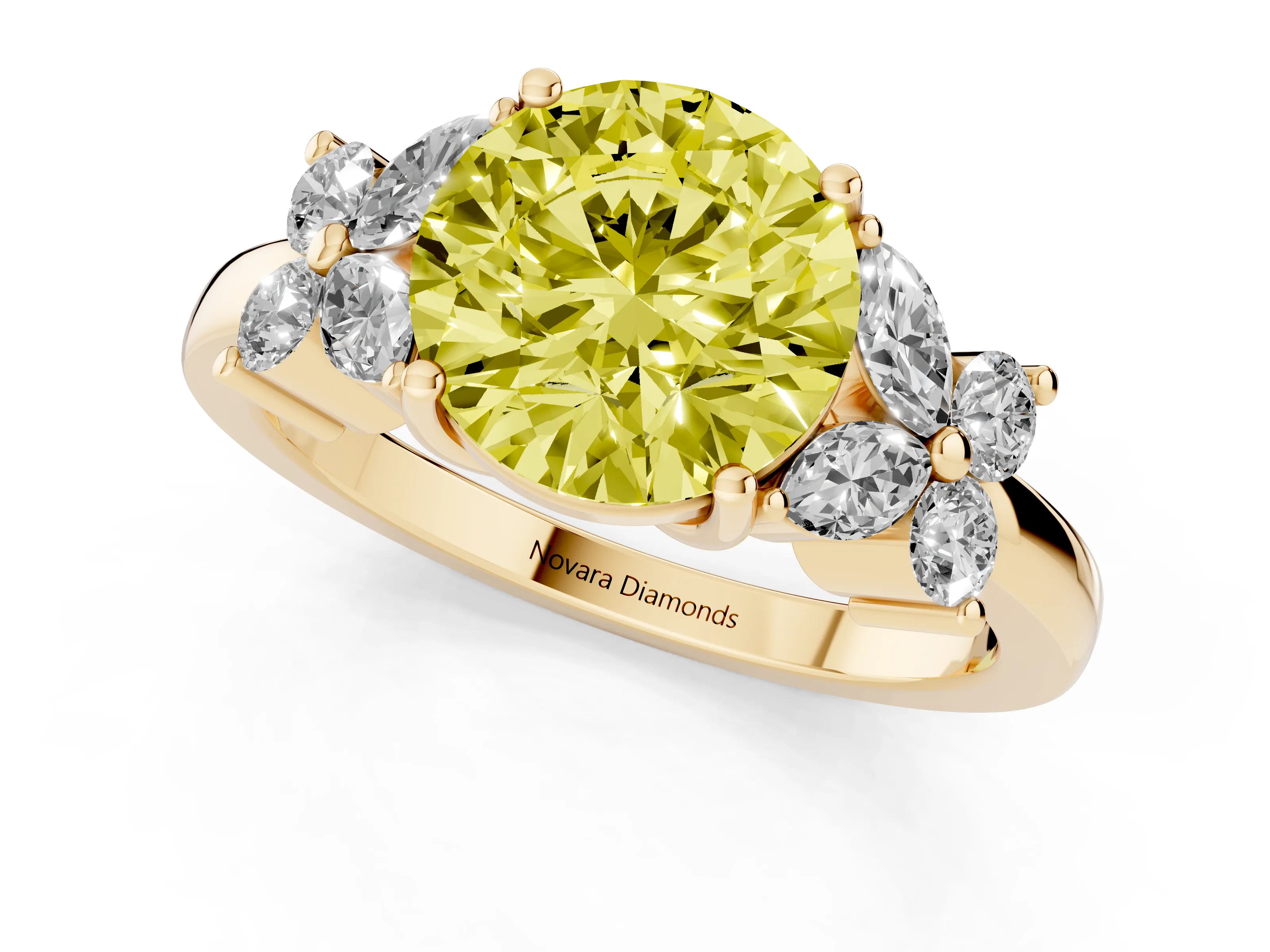 Fancy Yellow Round Cut Diamond Floral Cluster Ring Set in Yellow gold with Marquise Petals and Prong Setting