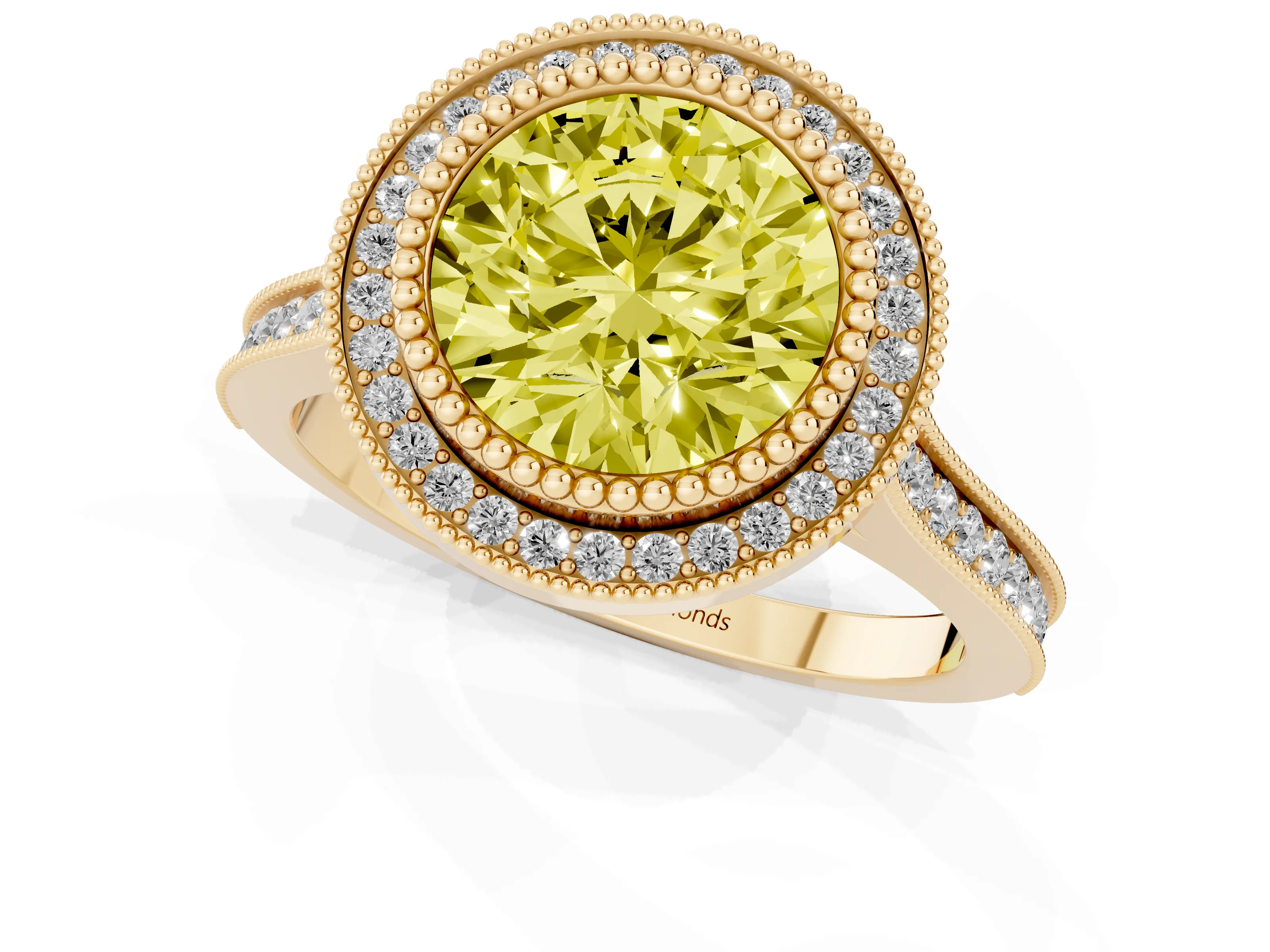 Fancy Yellow Round Cut Diamond Halo Ring Set in Yellow gold with Milgrain Frame and Pavé Band