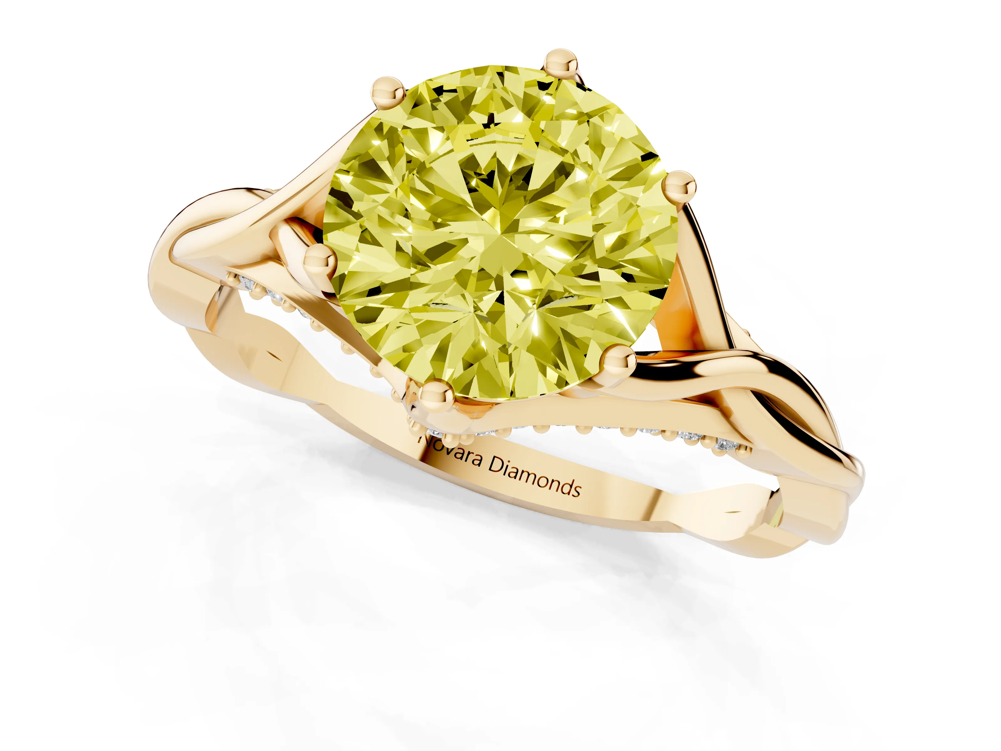 Fancy Yellow Round Cut Diamond Intertwined Twist Band Solitaire Ring Set in Yellow gold with Prong Setting