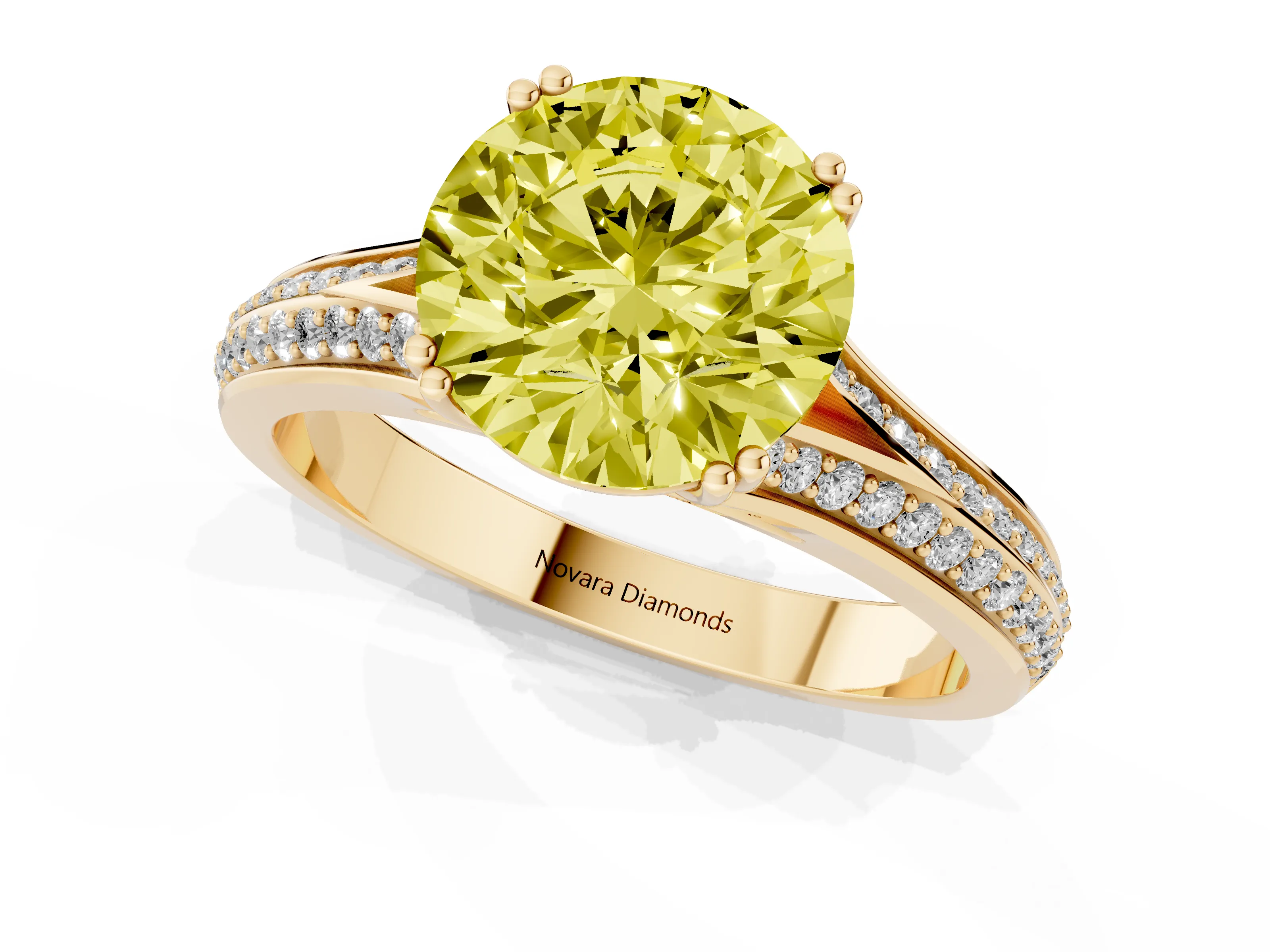 Fancy Yellow Round Cut Diamond Split Shank Pavé Engagement Ring Set in Yellow gold with Prong-Set Center Stone
