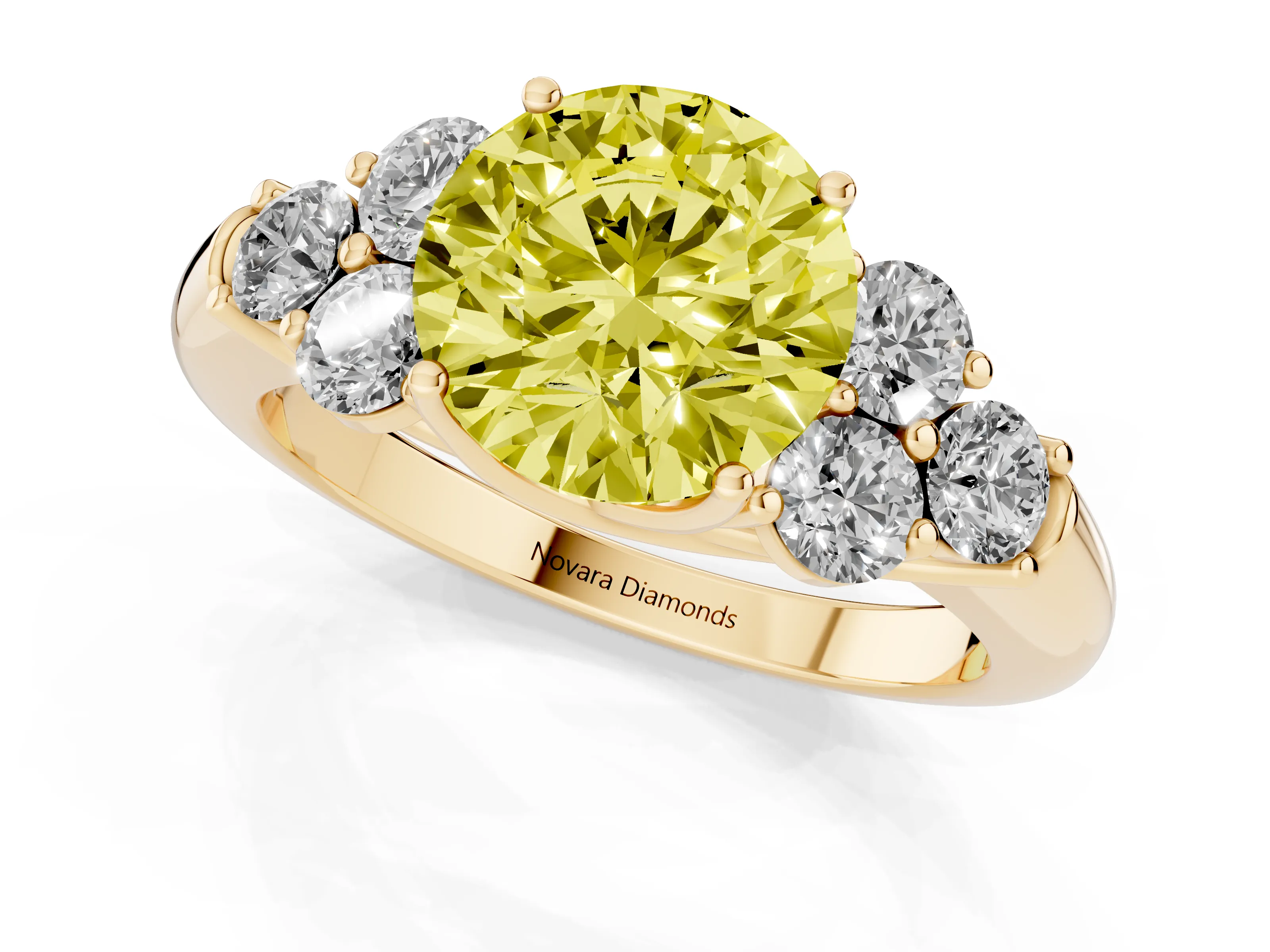 Fancy Yellow Round Cut Diamond Cluster Ring Set in Yellow gold with Round Accent Stones and Prong Setting on a Plain Band