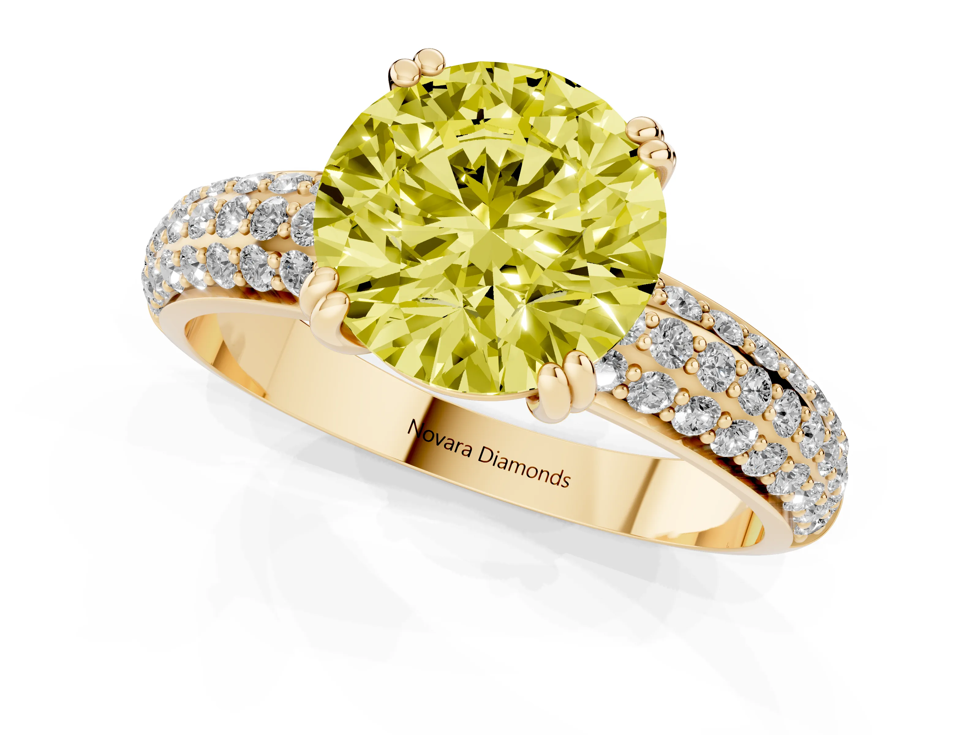 Fancy Yellow Round Cut Diamond Solitaire Ring Set in Yellow gold with Multi-Row Round Pavé Band and Prong Setting
