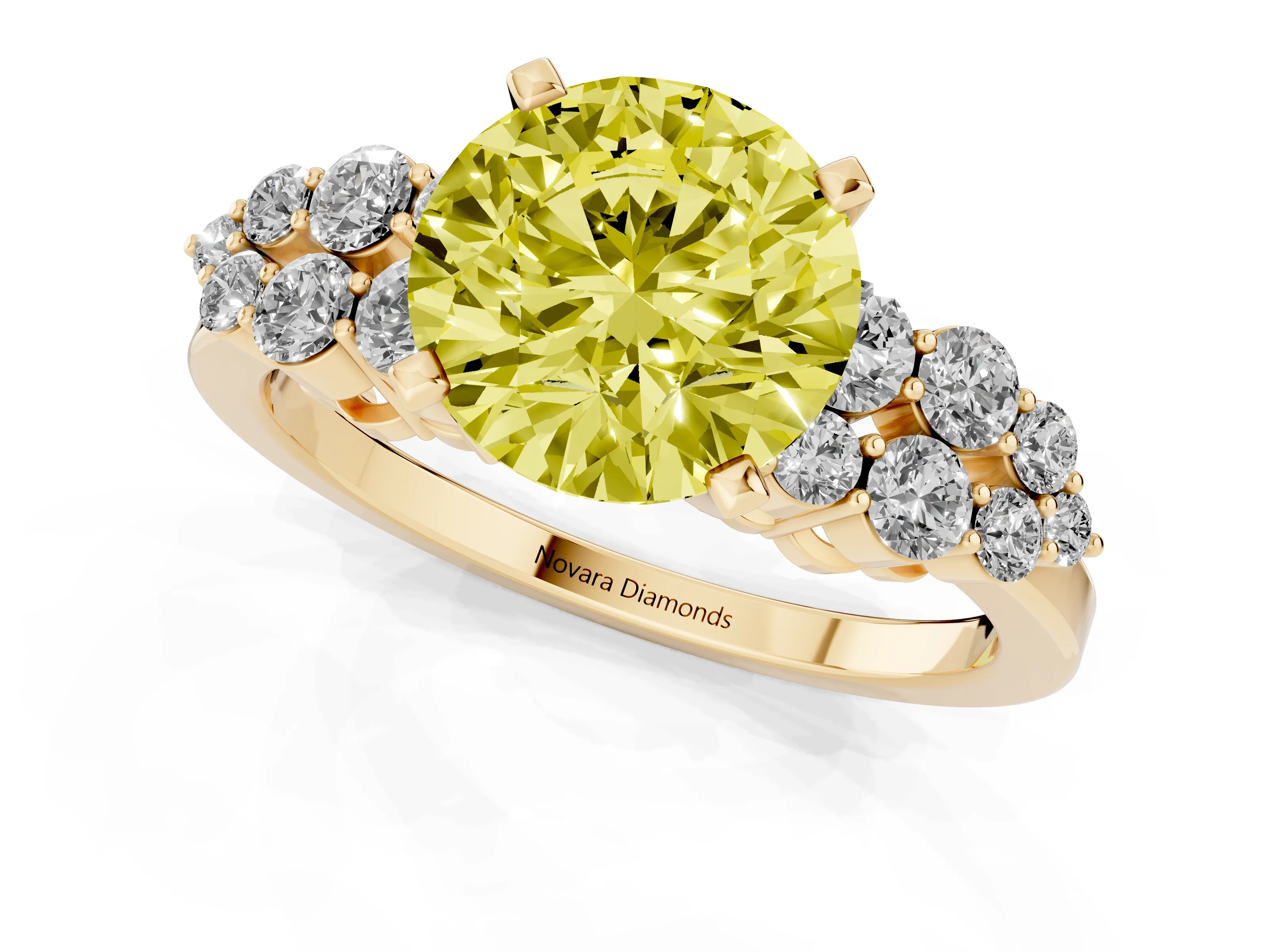 Fancy Yellow Round Cut Diamond Cluster Engagement Ring Set in Yellow gold with Pavé Band and Prong Setting