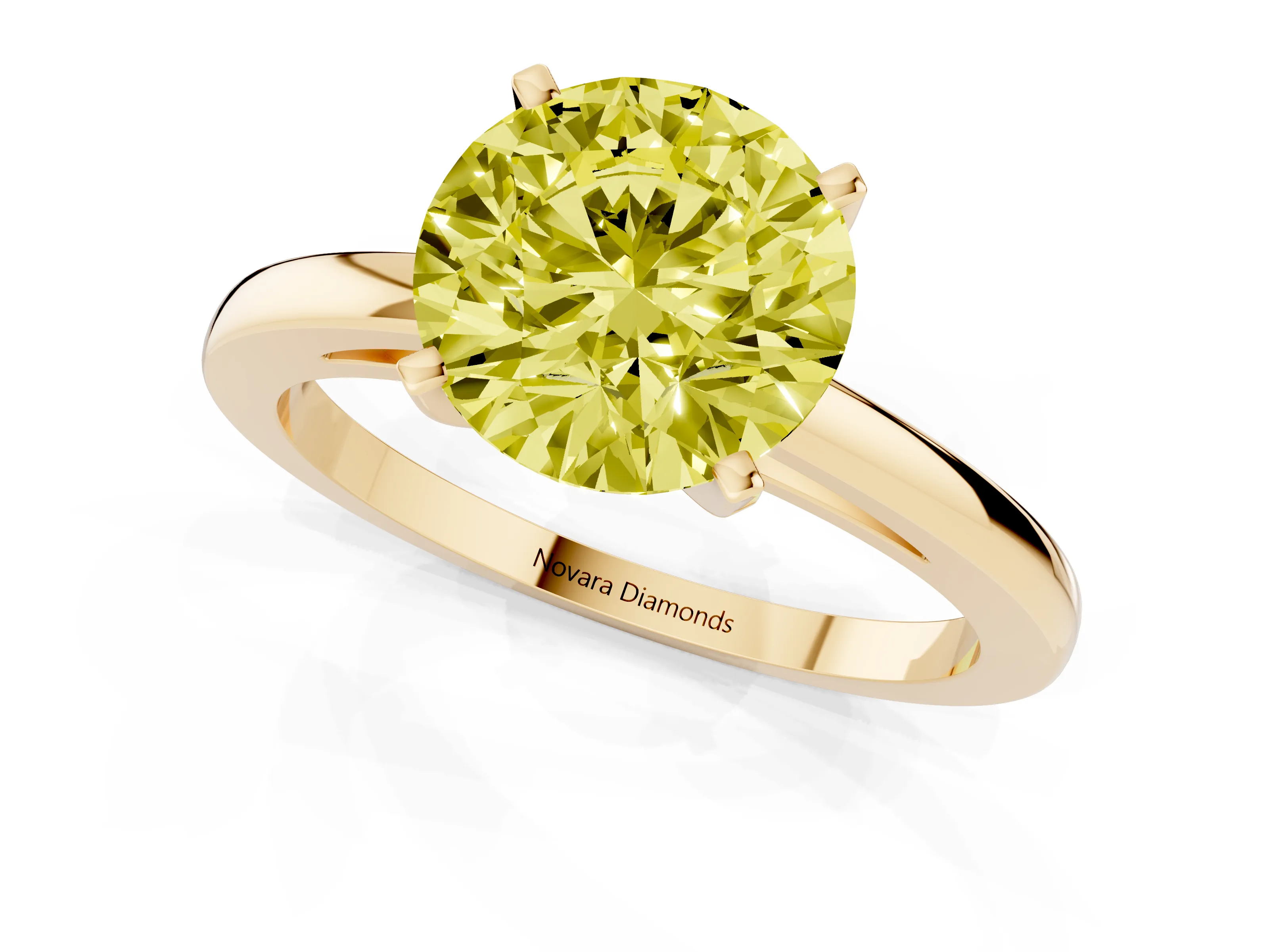 Fancy Yellow Round Cut Diamond Solitaire Engagement Ring Set in Yellow gold with Prong Setting on a Classic Band