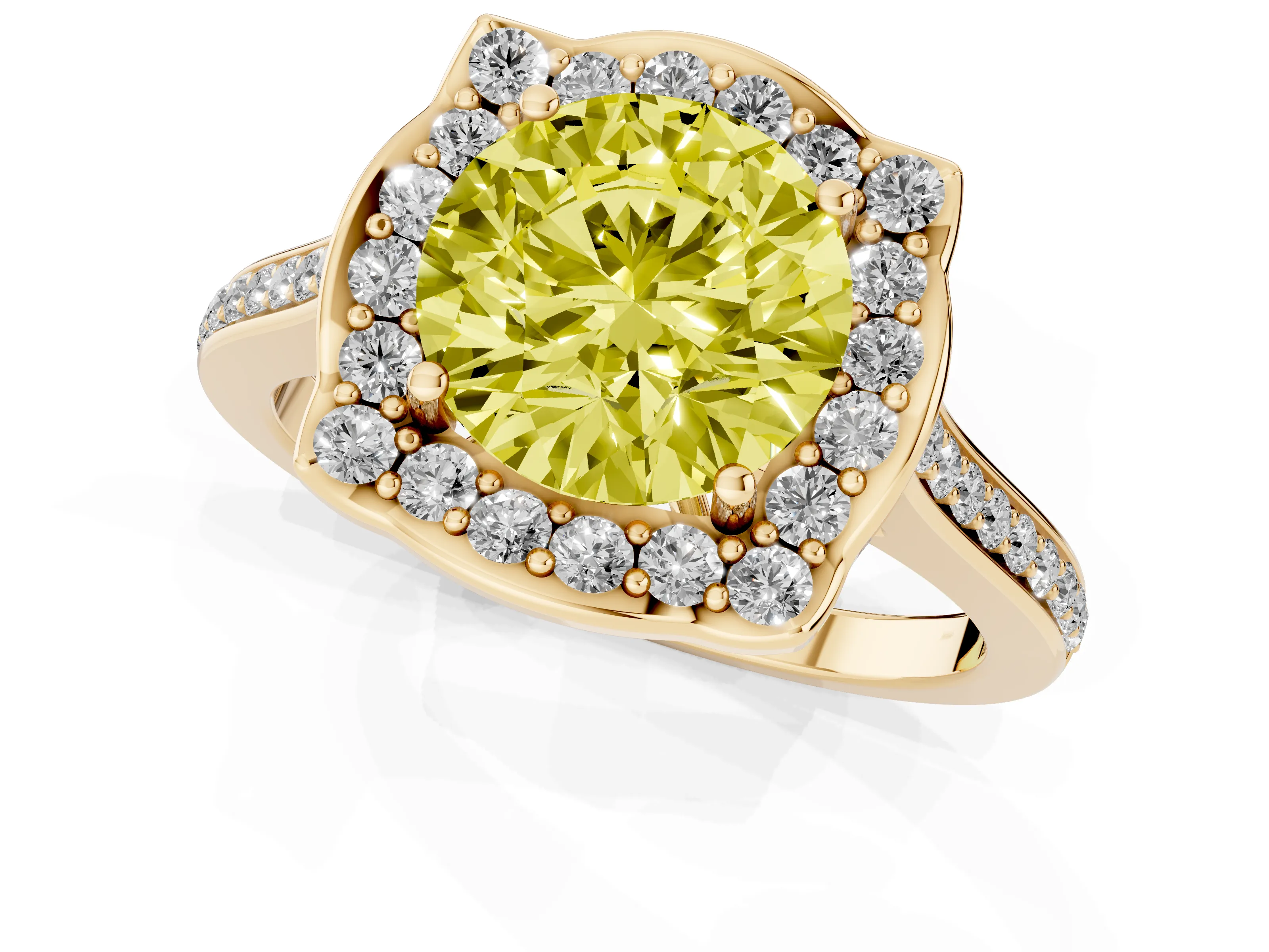 Fancy Yellow Round Cut Diamond Halo Ring Set in Yellow gold with Pavé-Lined Shoulders and Prong Setting