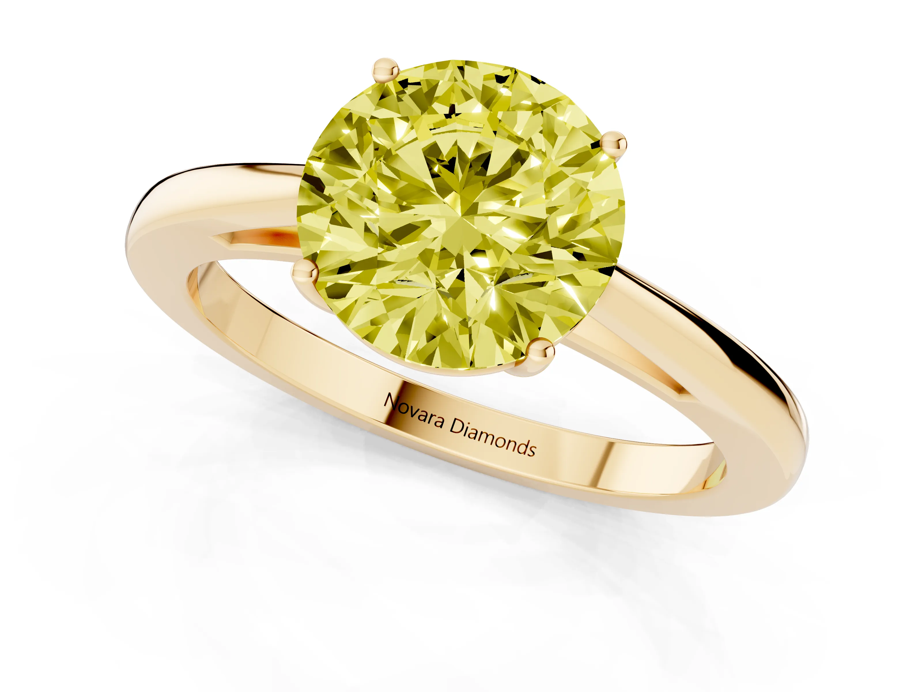 Fancy Yellow Round Cut Diamond Solitaire Ring Set in Yellow gold with Split Shank and Prong Setting