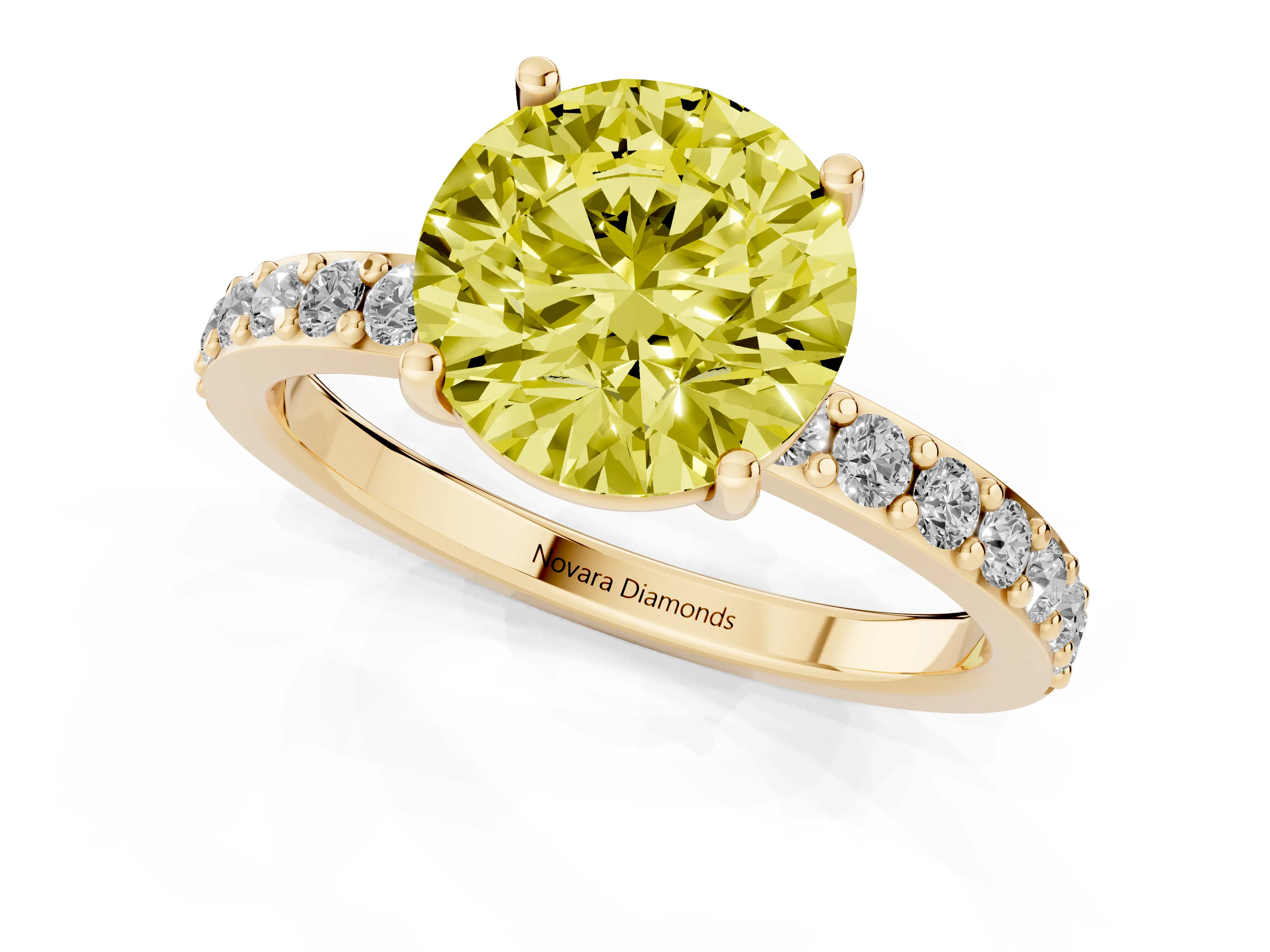 Fancy Yellow Round Cut Diamond Solitaire Set in Yellow gold with Round Pavé Band and Prong Setting