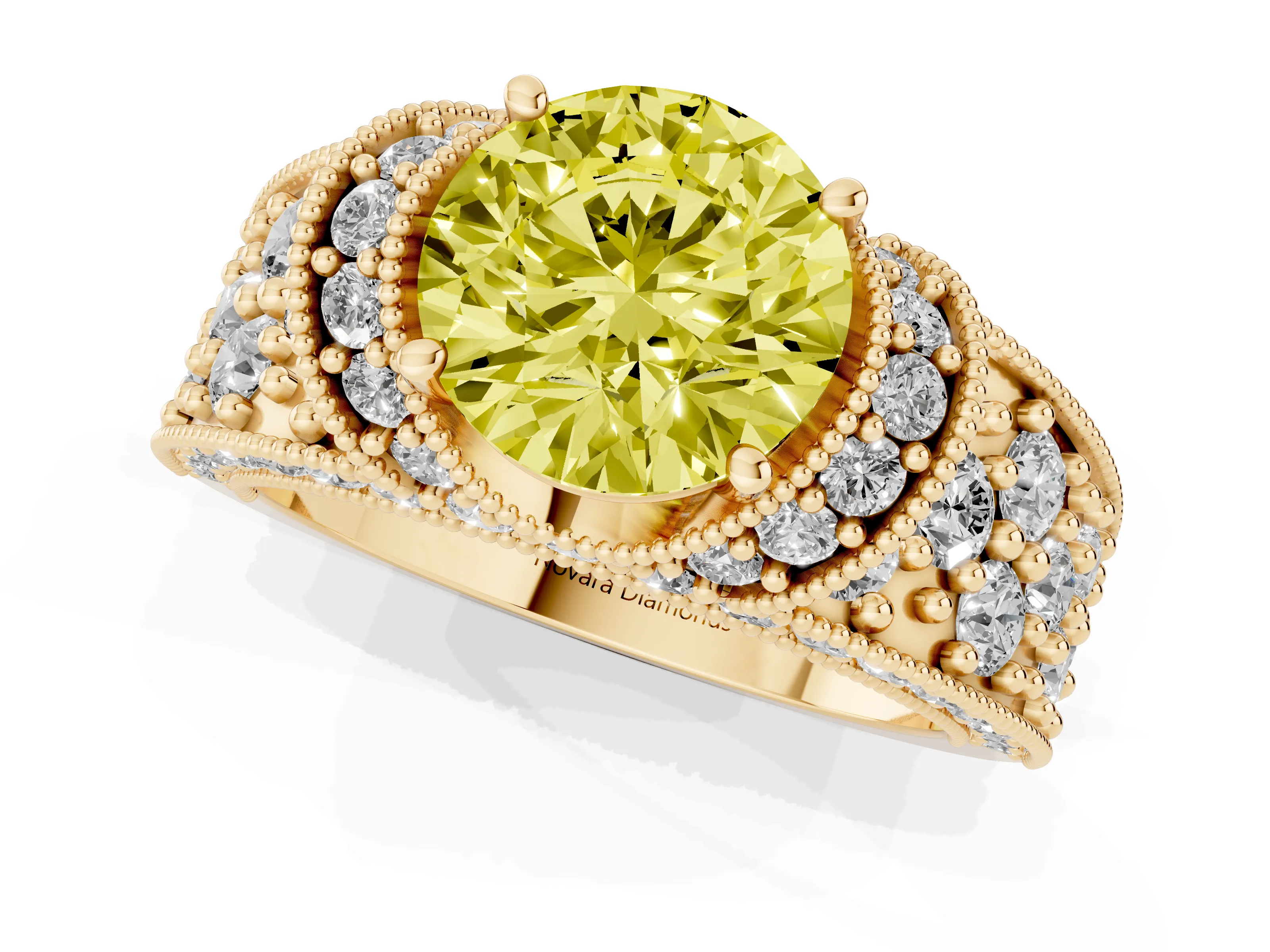 Fancy Yellow Round Cut Diamond Milgrain Halo Pavé Engagement Ring Set in Yellow gold with Prong Setting