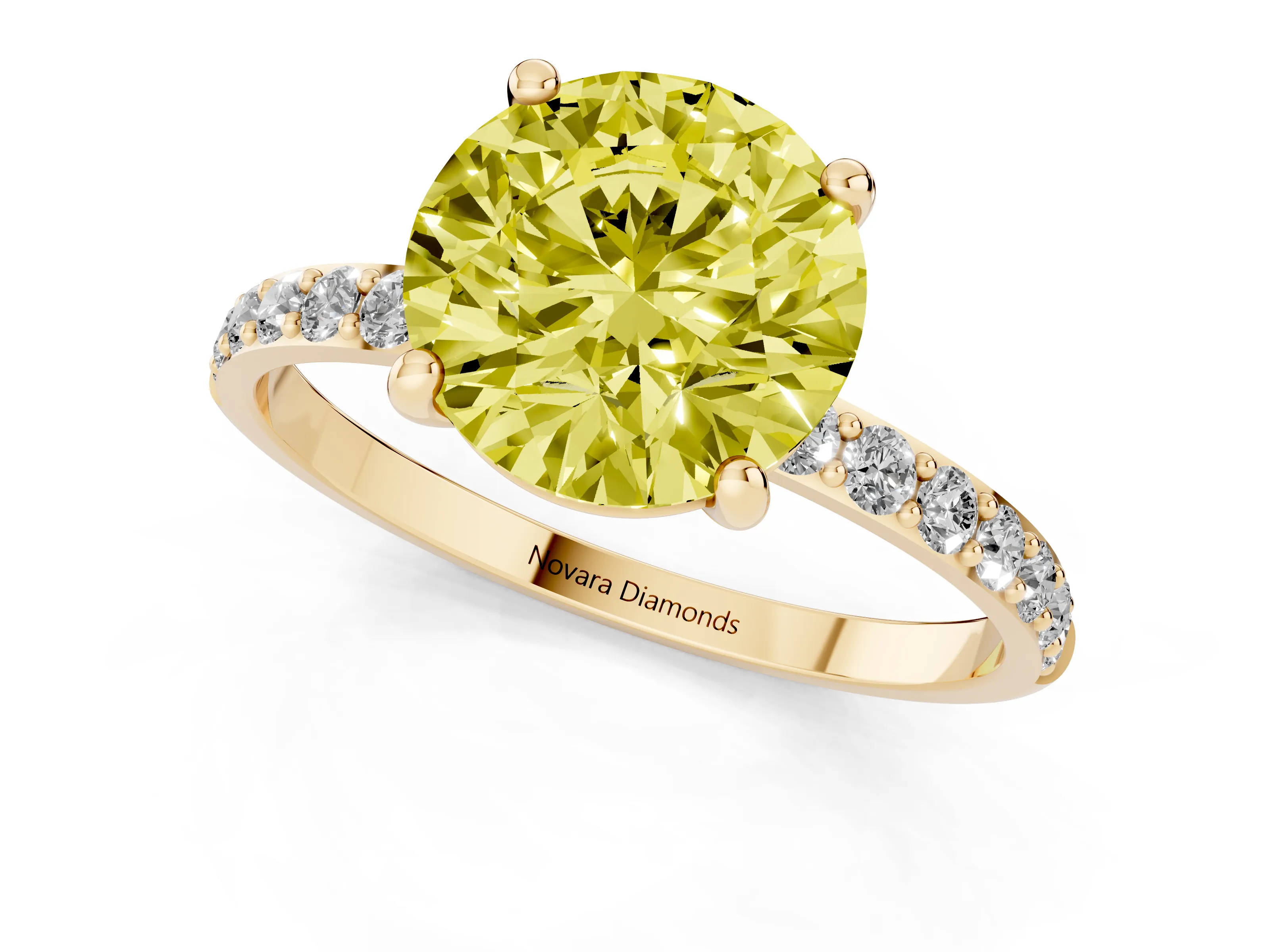 Fancy Yellow Round Cut Diamond Solitaire Ring Set in Yellow gold with Round Pavé Band and Prong Setting