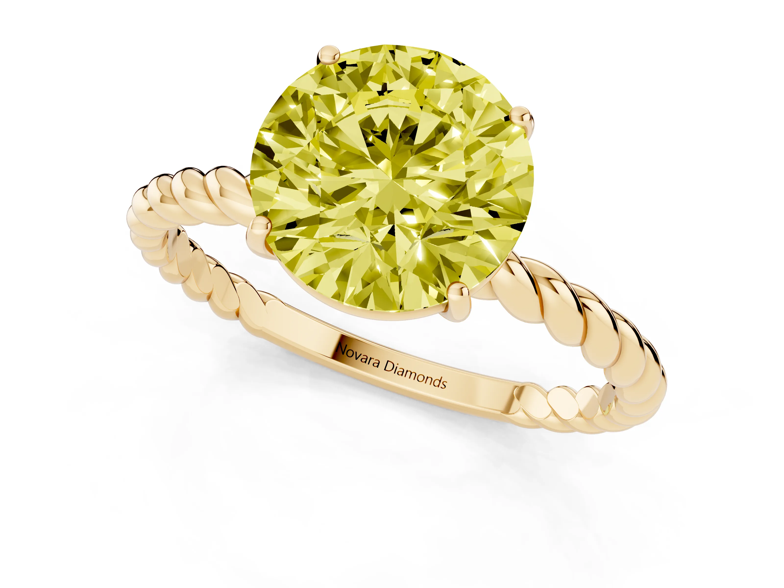 Fancy Yellow Round Cut Diamond Solitaire Ring Set in Yellow gold with Twist Band and Prong Setting