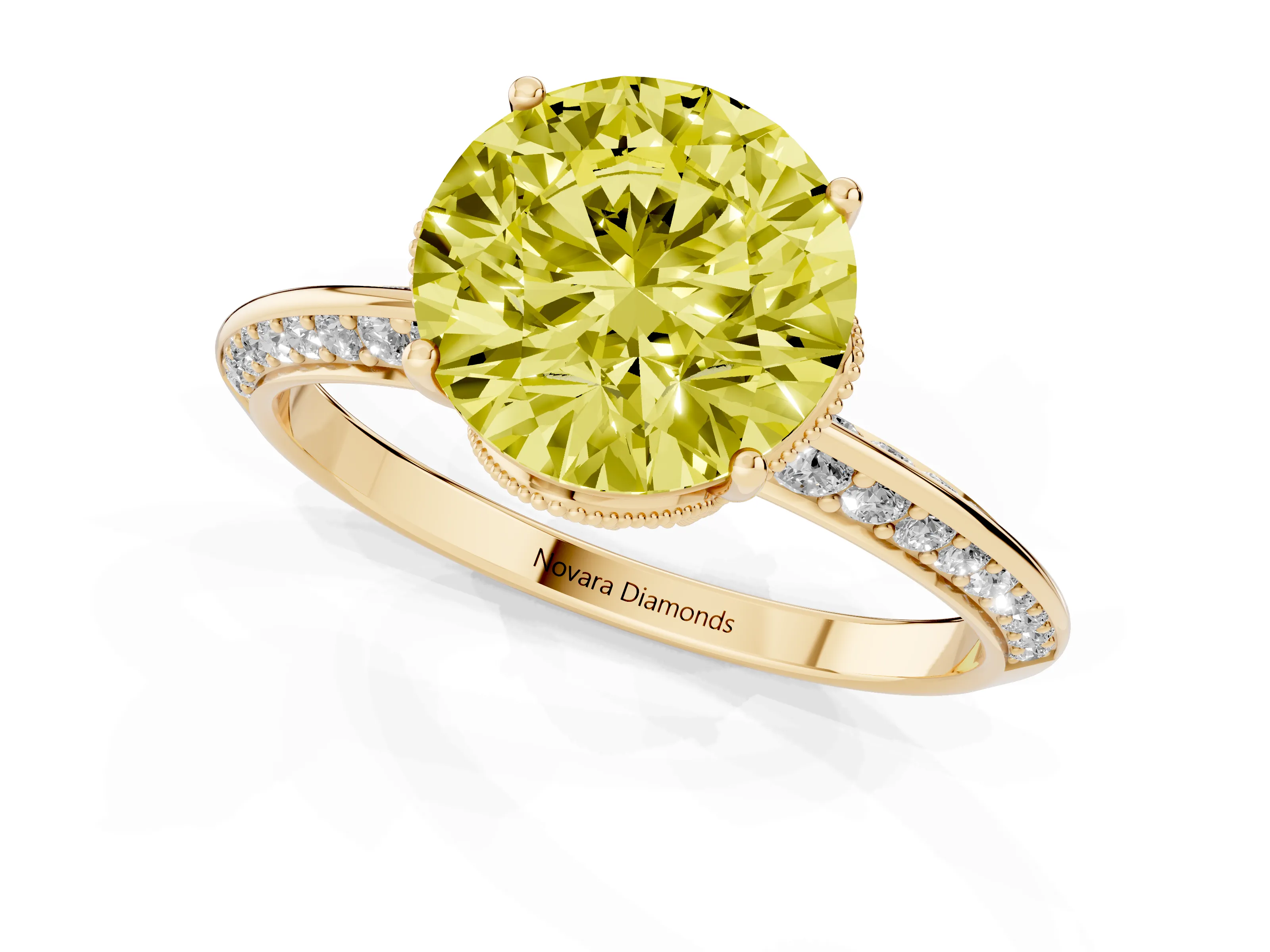 Fancy Yellow Round Cut Diamond Solitaire Engagement Ring Set in Yellow gold with Pavé Split Shank and Prong Setting