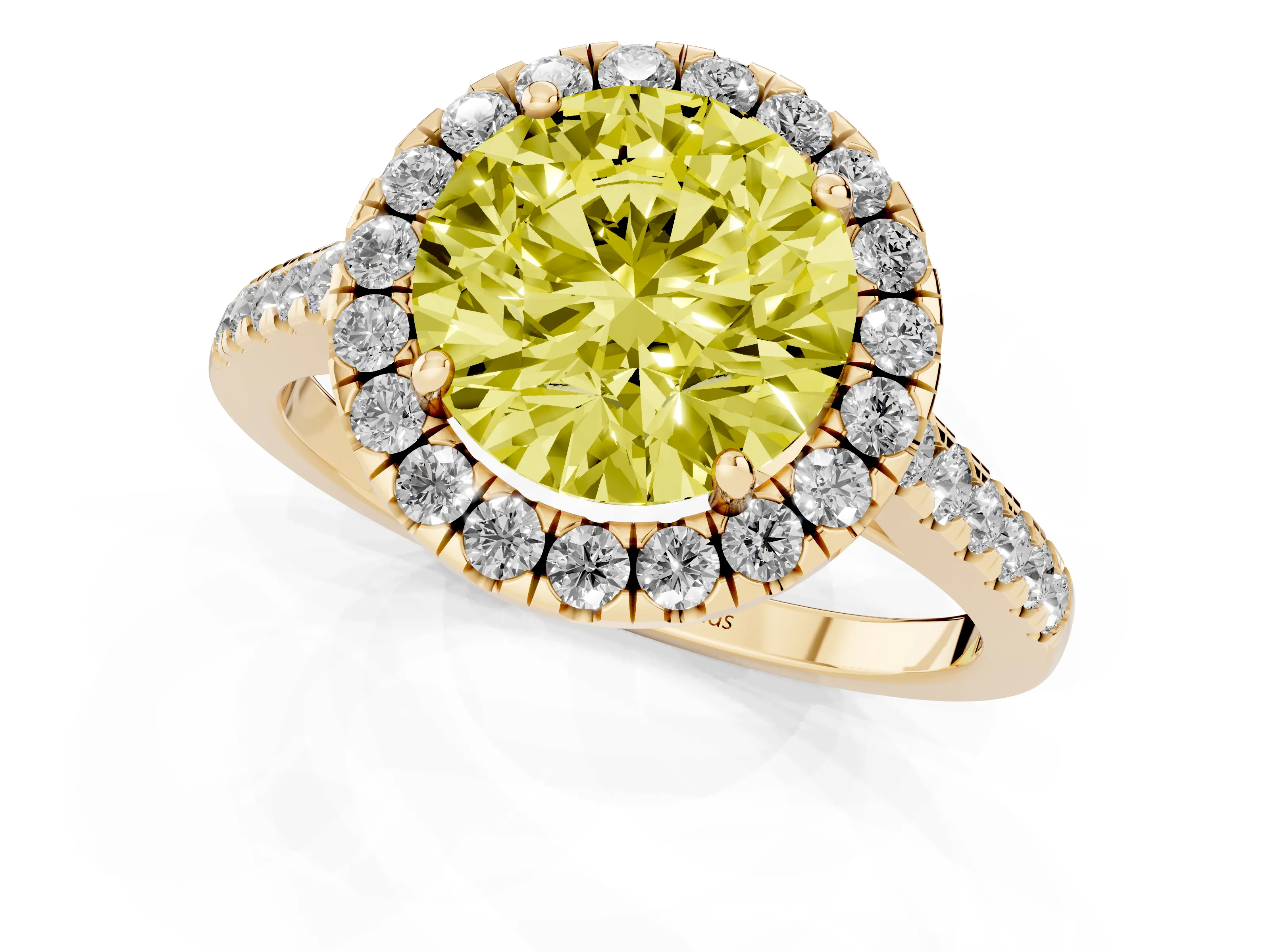 Fancy Yellow Round Cut Diamond Halo Pavé Engagement Ring Set in Yellow gold with Prong Setting