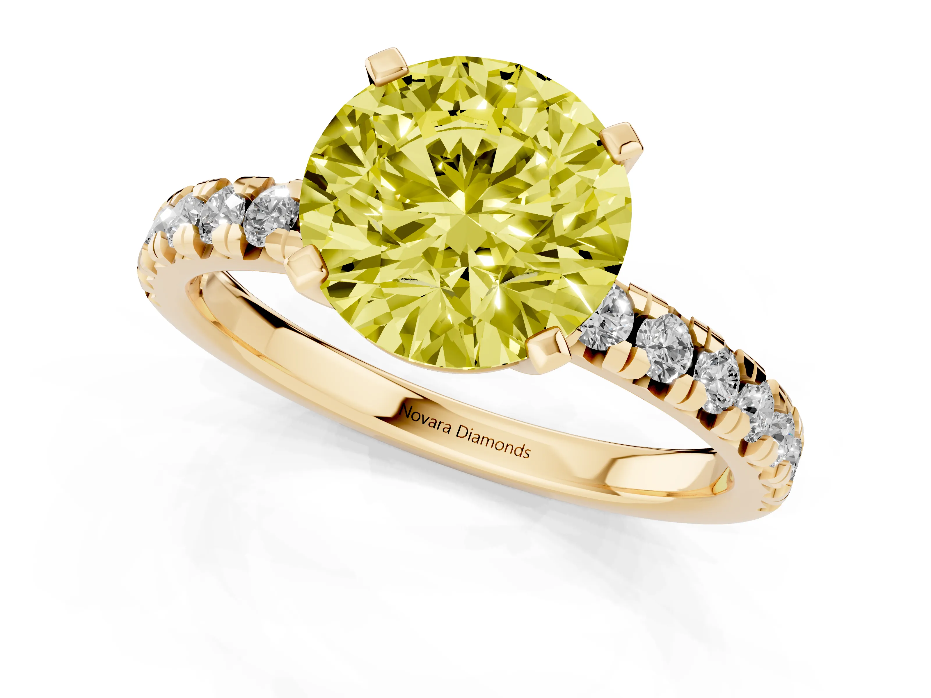 Fancy Yellow Round Cut Diamond Solitaire Pavé Engagement Ring Set in Yellow gold with Round Band and Prong Setting