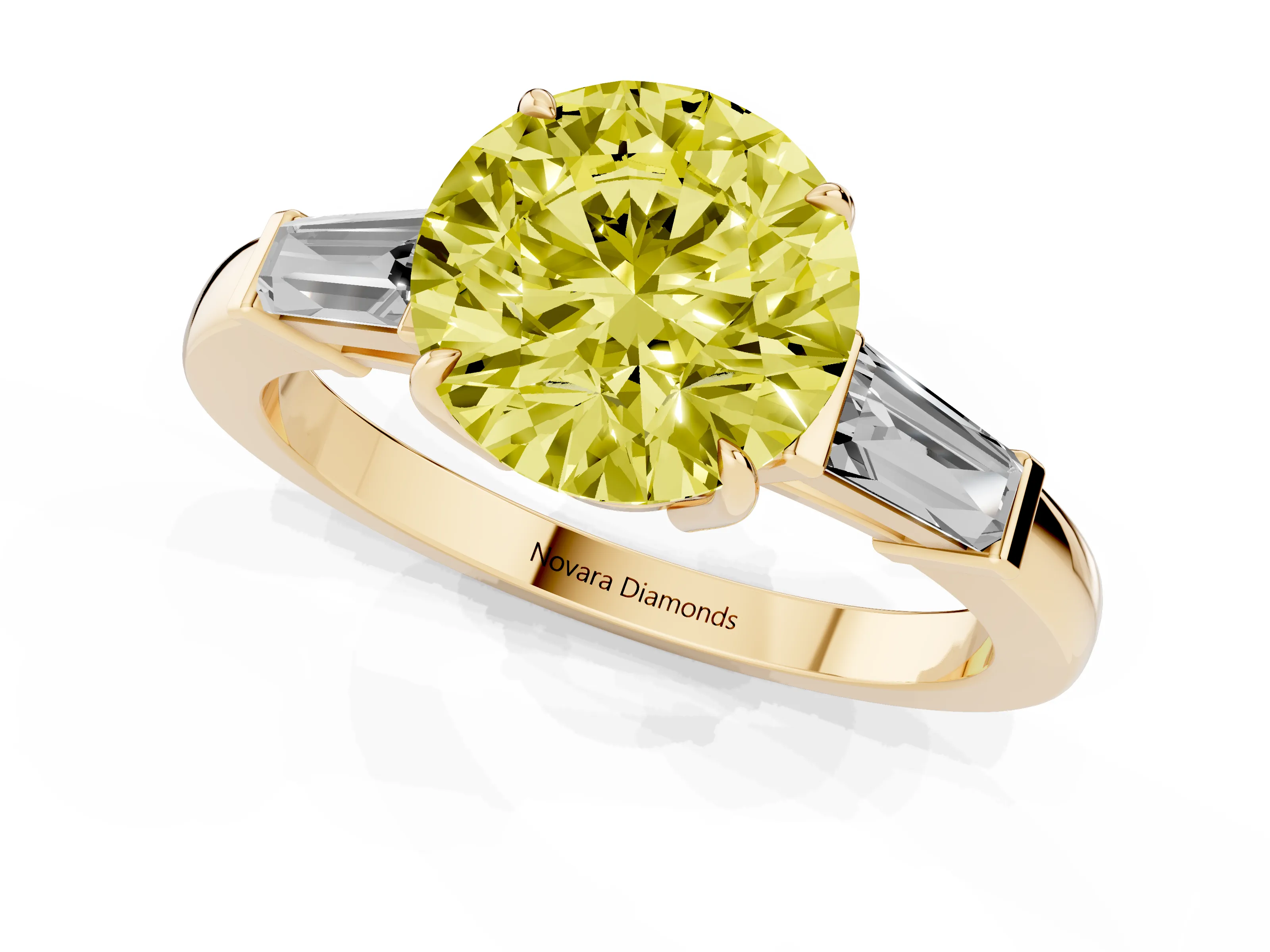 Fancy Yellow Round Cut Diamond Three-Stone Ring Set in Yellow gold with Tapered Baguette Side Stones and Prong Setting