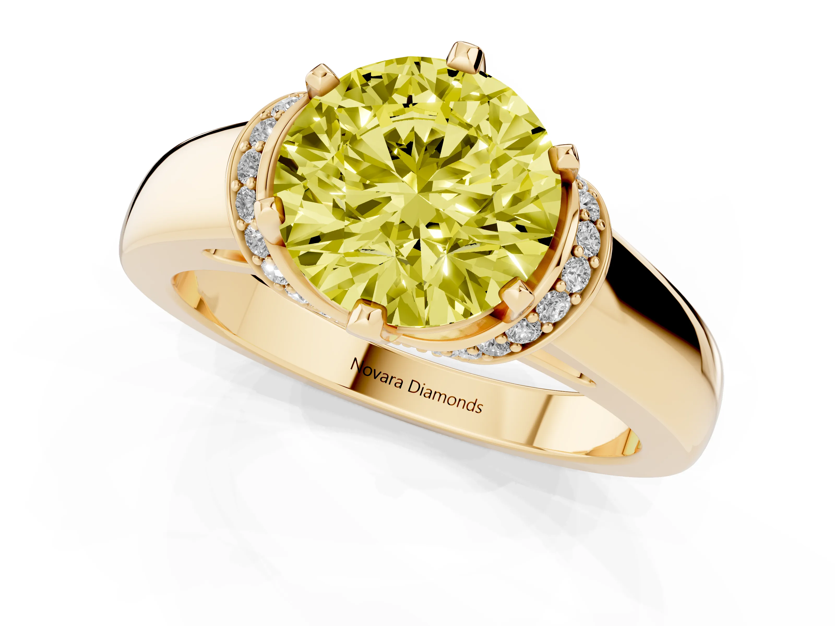 Fancy Yellow Round Cut Diamond Pavé Band Solitaire Ring Set in Yellow gold with Prong Setting