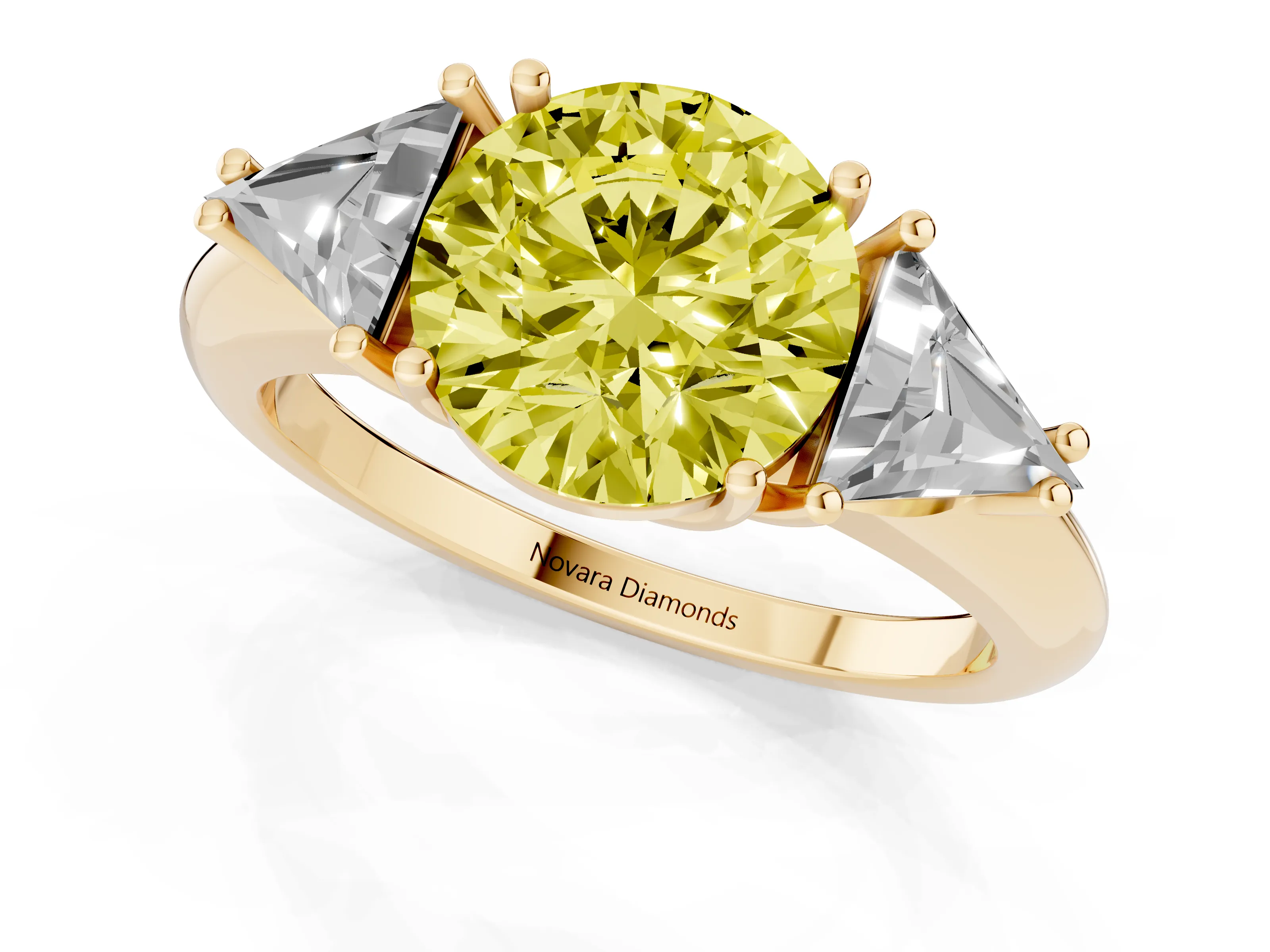 Fancy Yellow Round Cut Diamond Three-Stone Engagement Ring Set in Yellow gold with Trillion Side Stones