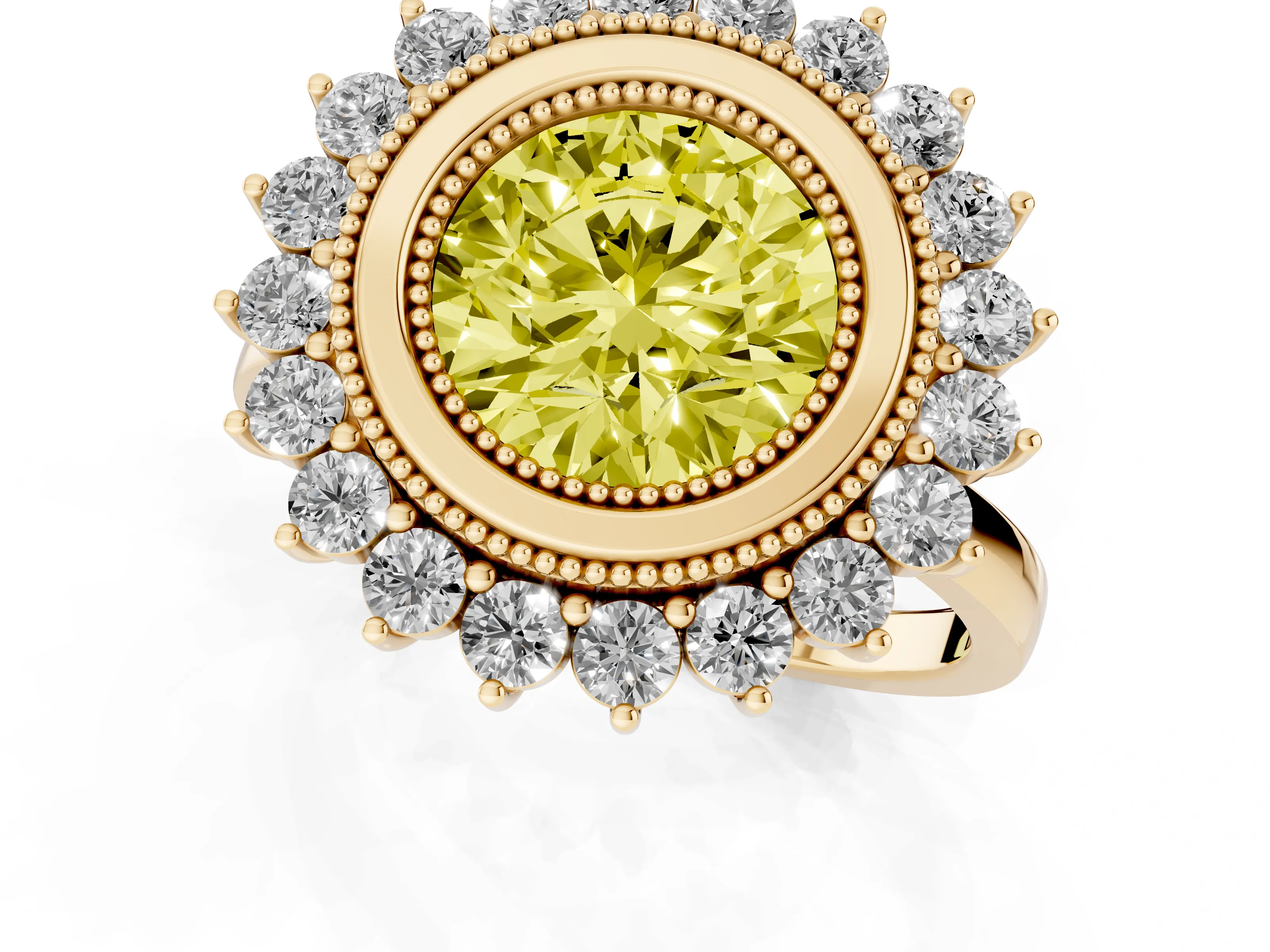 Fancy Yellow Round Cut Diamond Halo Ring Set in Yellow gold with Milgrain Edge and Round Prong Setting