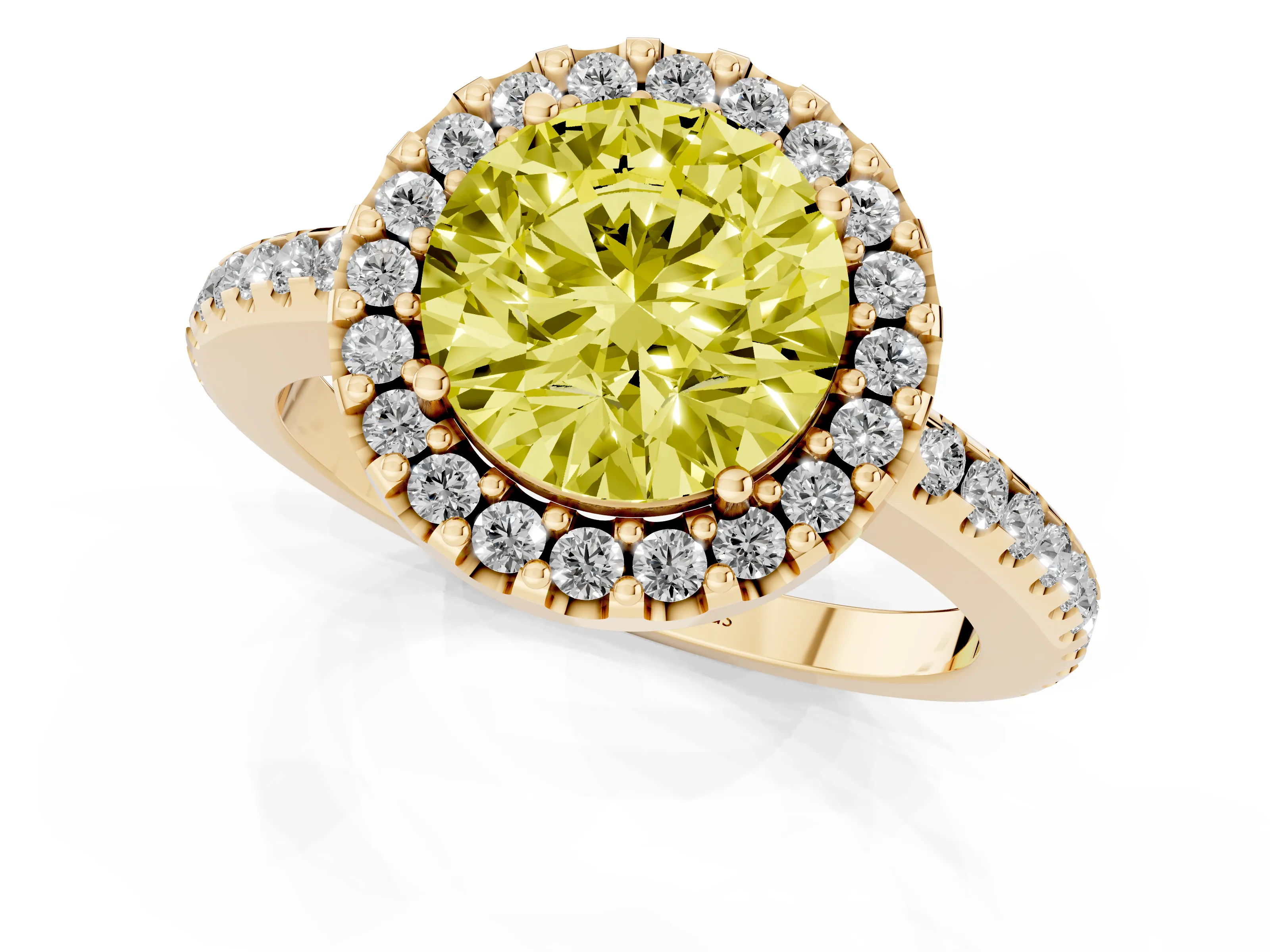 Fancy Yellow Round Cut Diamond Pavé Halo Ring Set in Yellow gold with Prong Setting