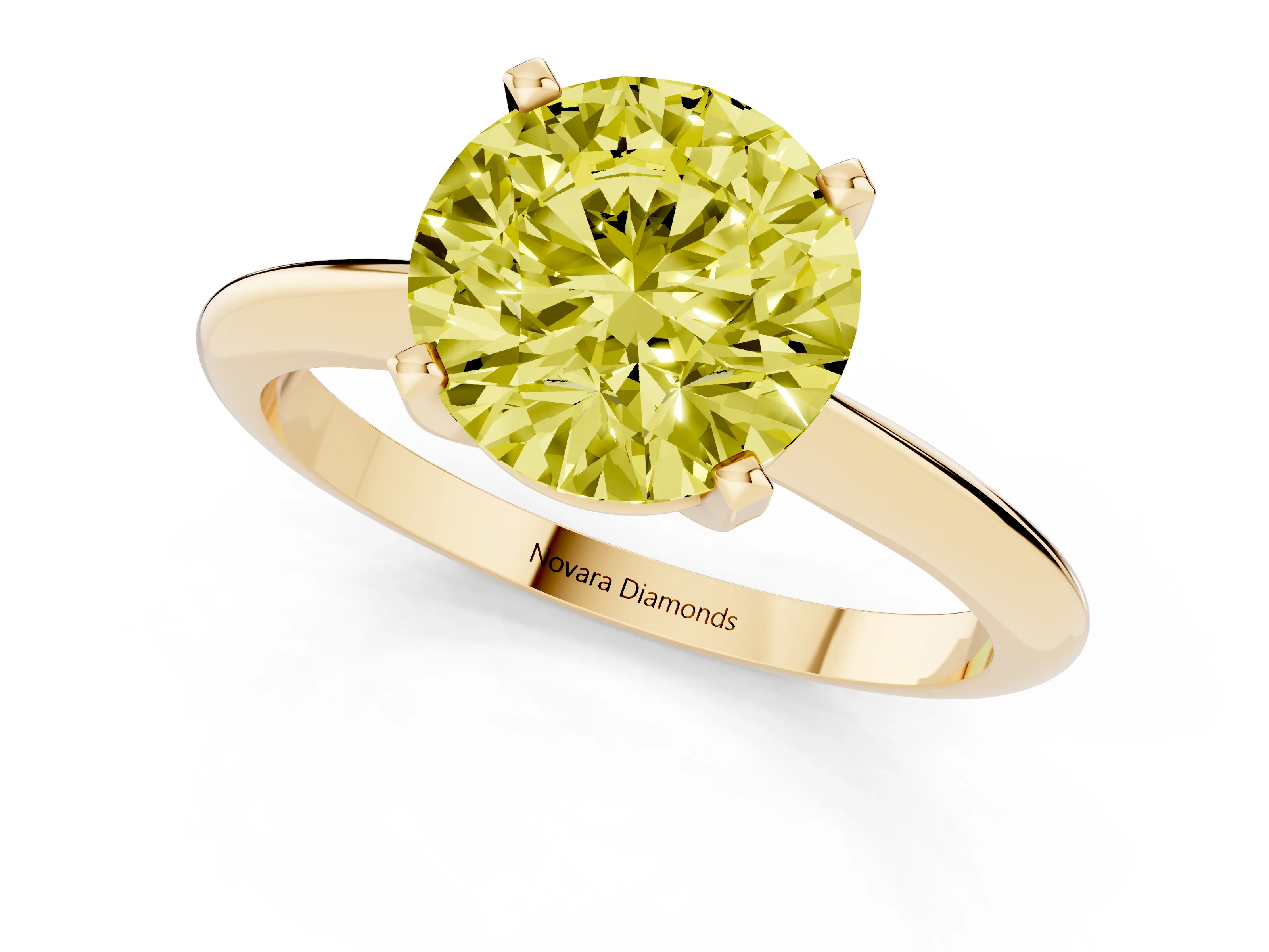 Fancy Yellow Round Cut Diamond Solitaire Ring Set in Yellow gold with Prong Setting on a Plain Round Band