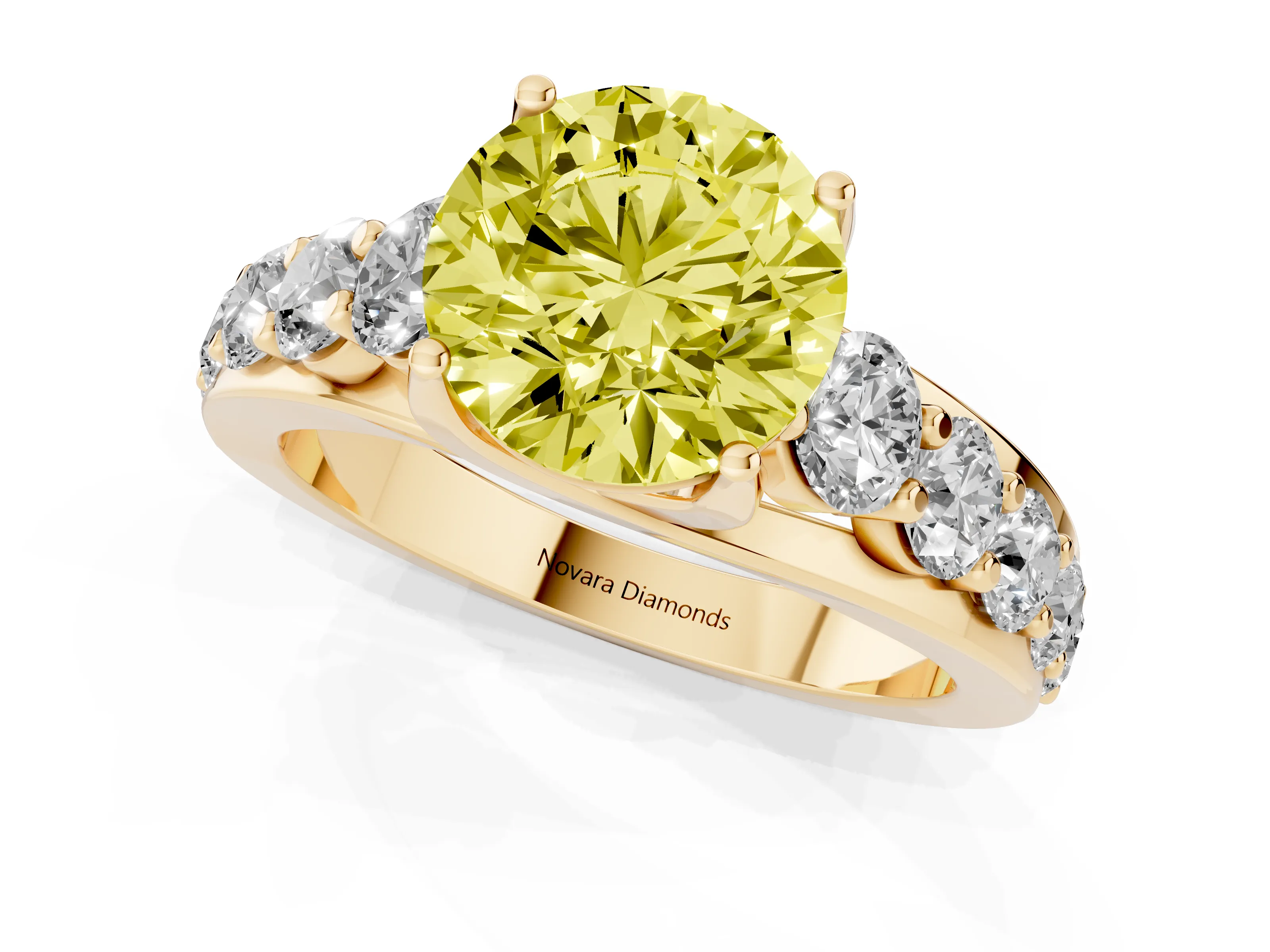 Fancy Yellow Round Cut Diamond Pavé Engagement Ring Set in Yellow gold with Prong Setting