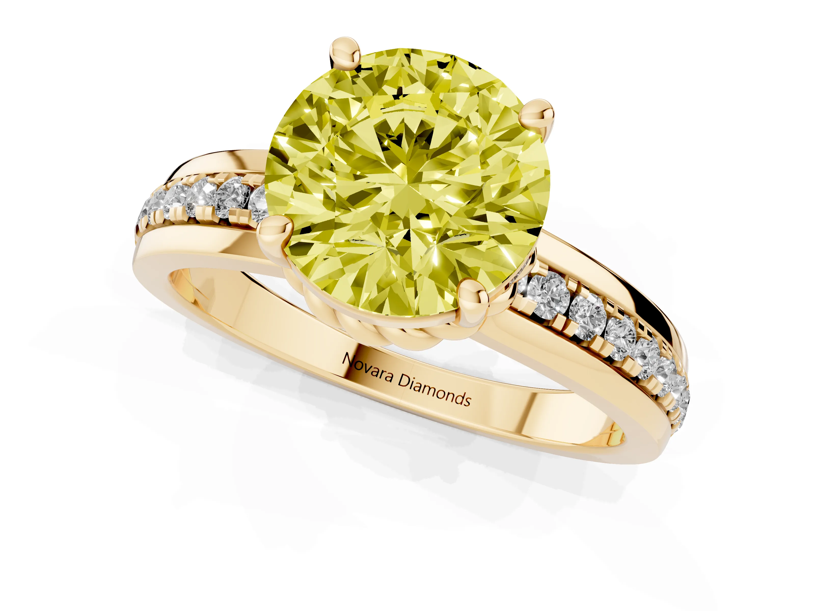 Fancy Yellow Round Cut Diamond Solitaire Ring Set in Yellow gold with Channel Set Band and Prong Setting