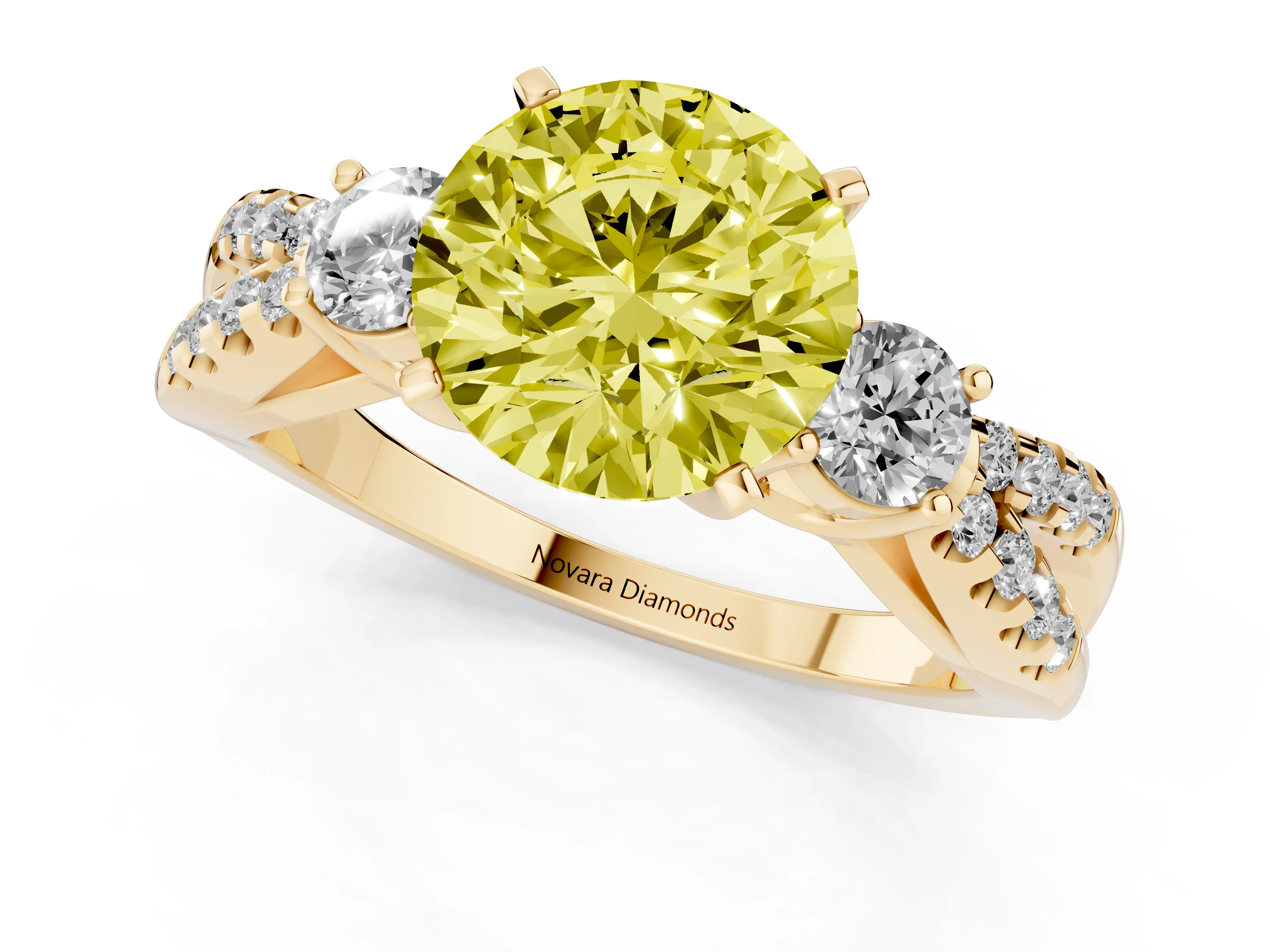 Fancy Yellow Round Cut Diamond Three-Stone Ring Set in Yellow gold with Pavé Split Shank and Prong Setting
