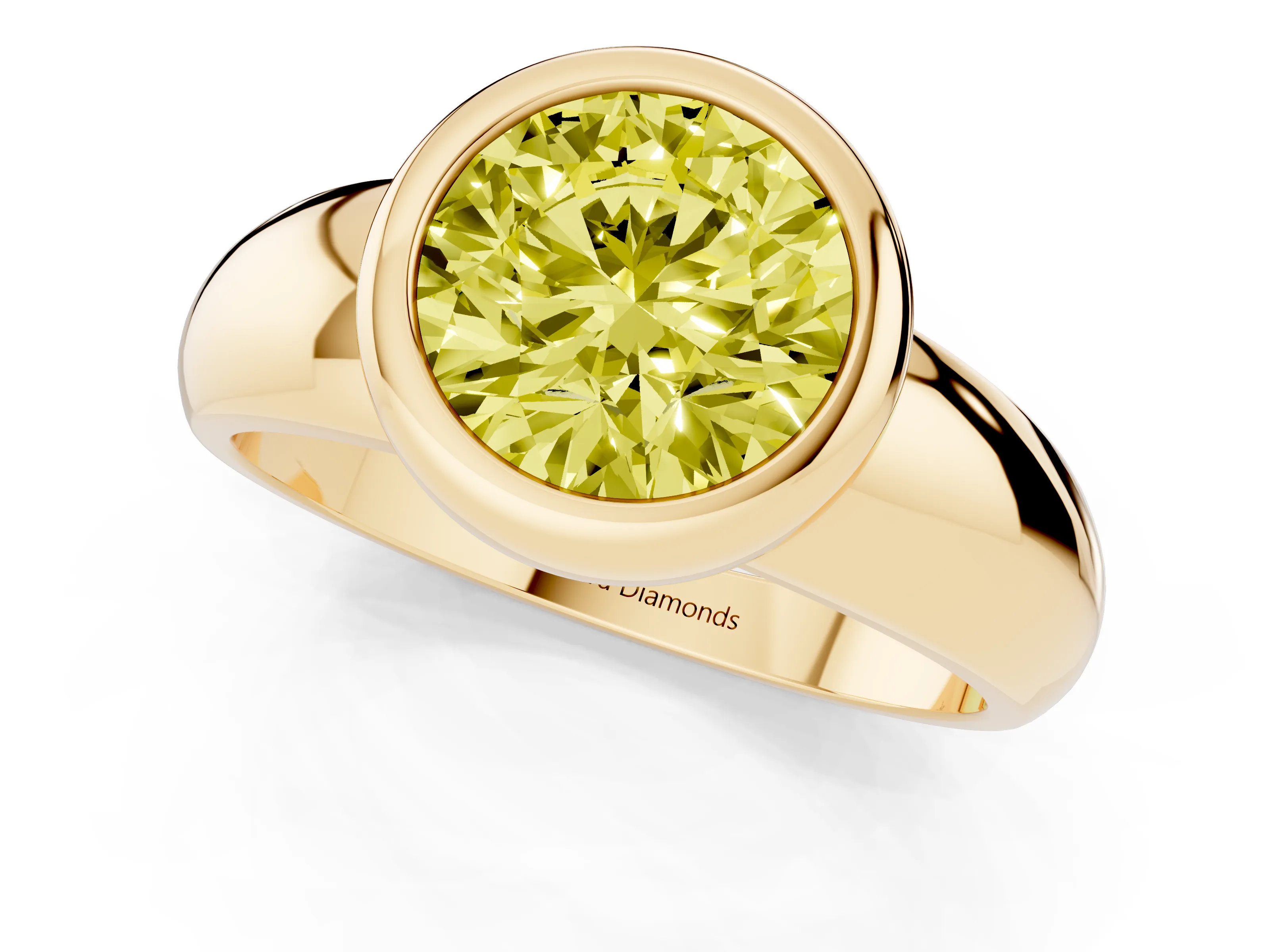 Fancy Yellow Bezel Set Round Cut Diamond Solitaire Ring Set in Yellow gold with Wide Band