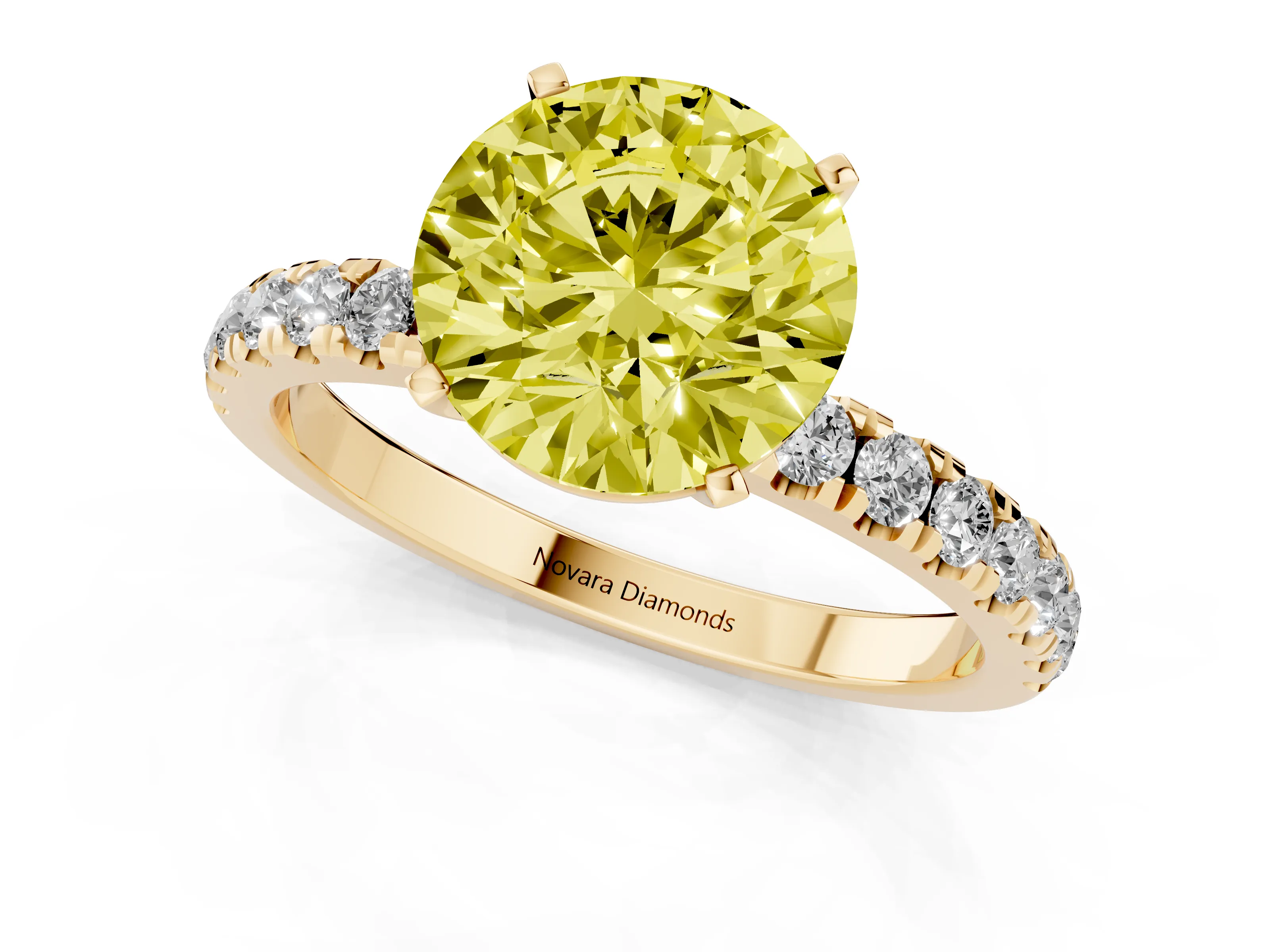 Fancy Yellow Round Cut Diamond Solitaire Ring Set in Yellow gold with Pavé Accents and Prong Setting
