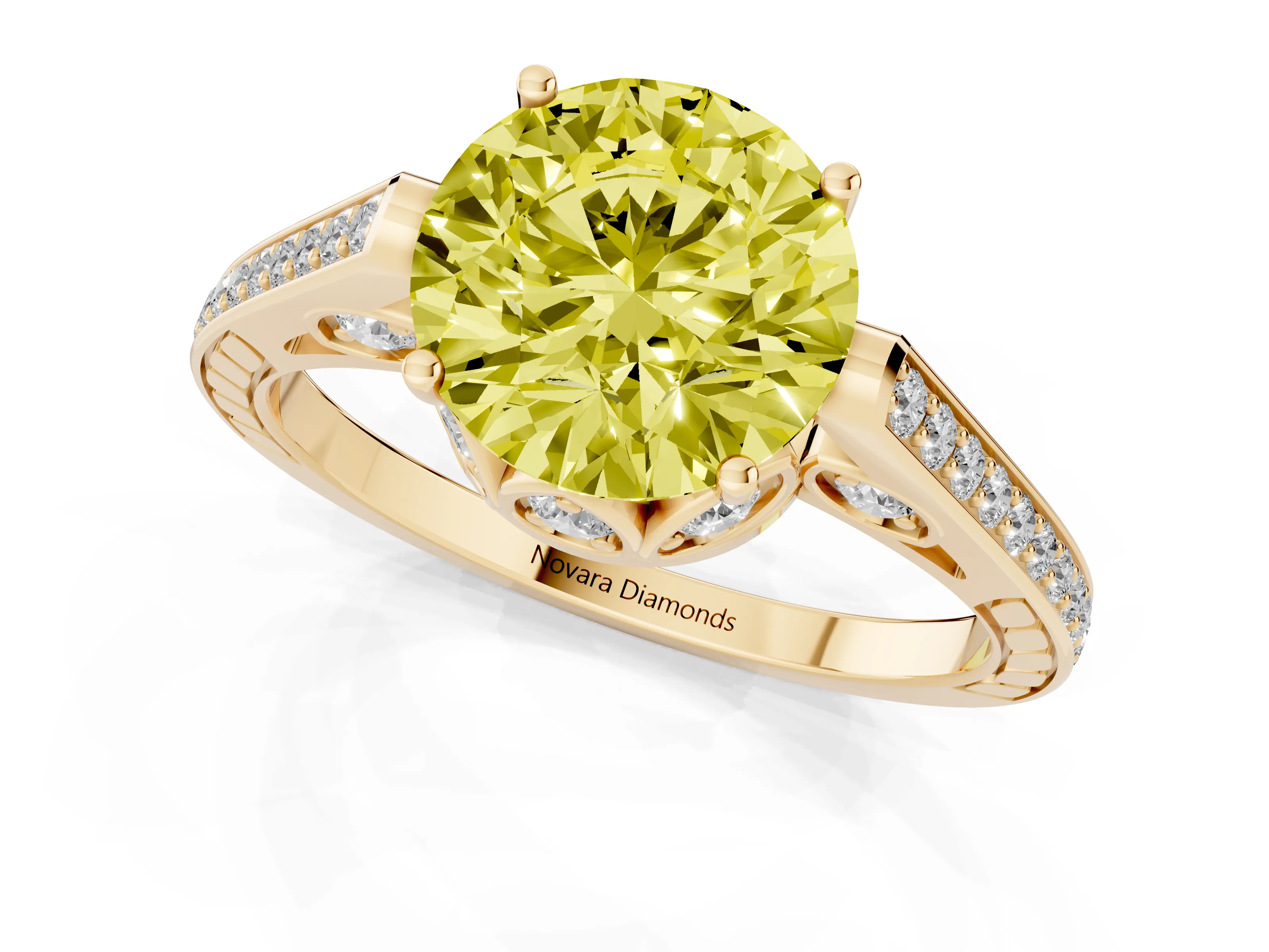 Fancy Yellow Round Cut Diamond Cathedral Pavé Engagement Ring Set in Yellow gold with Prong Setting