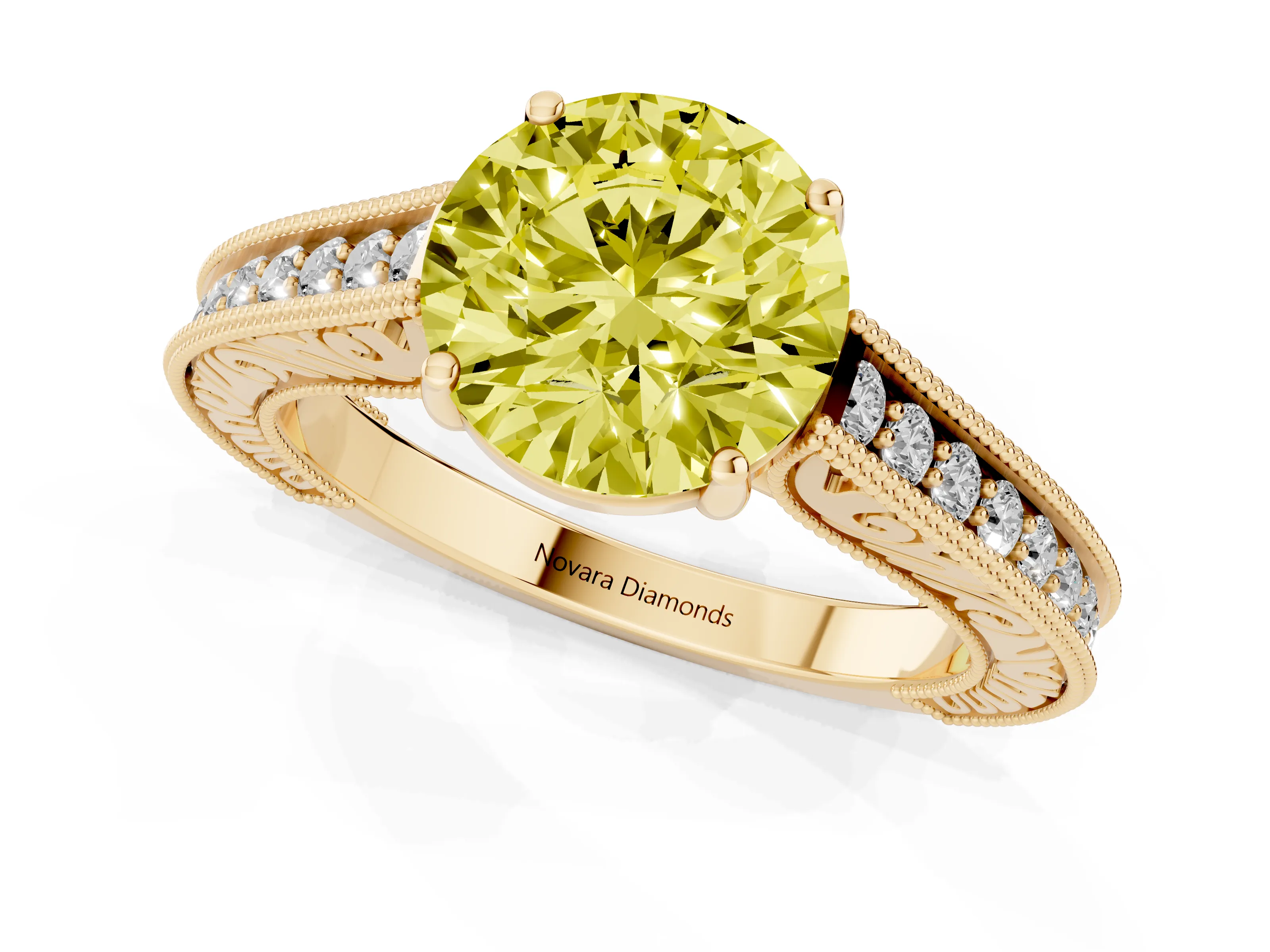 Fancy Yellow Round Cut Diamond Milgrain Pavé Band Solitaire Ring Set in Yellow gold with Prong Setting