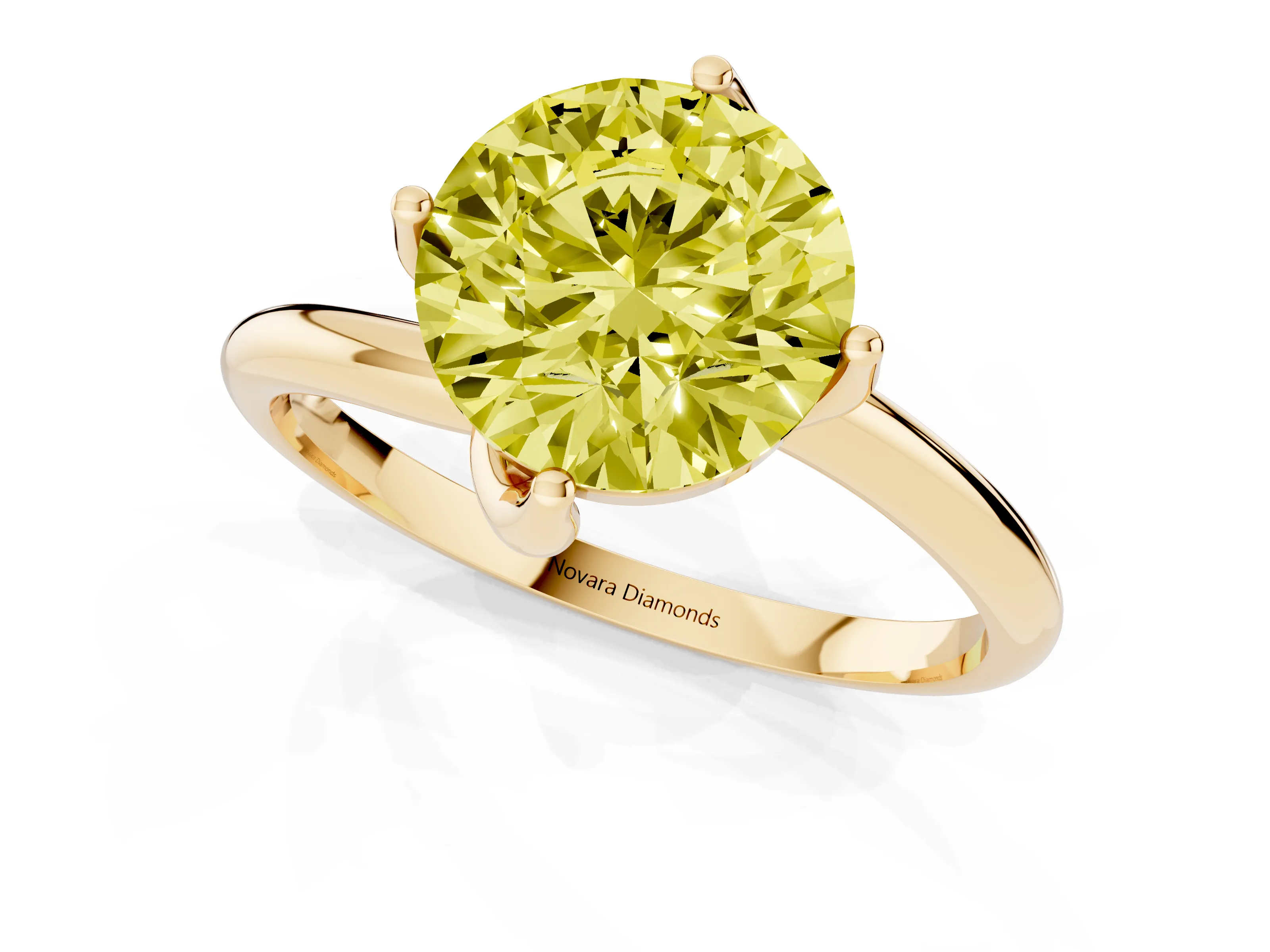 Fancy Yellow Round Cut Diamond Solitaire Engagement Ring Set in Yellow gold with Classic Plain Band