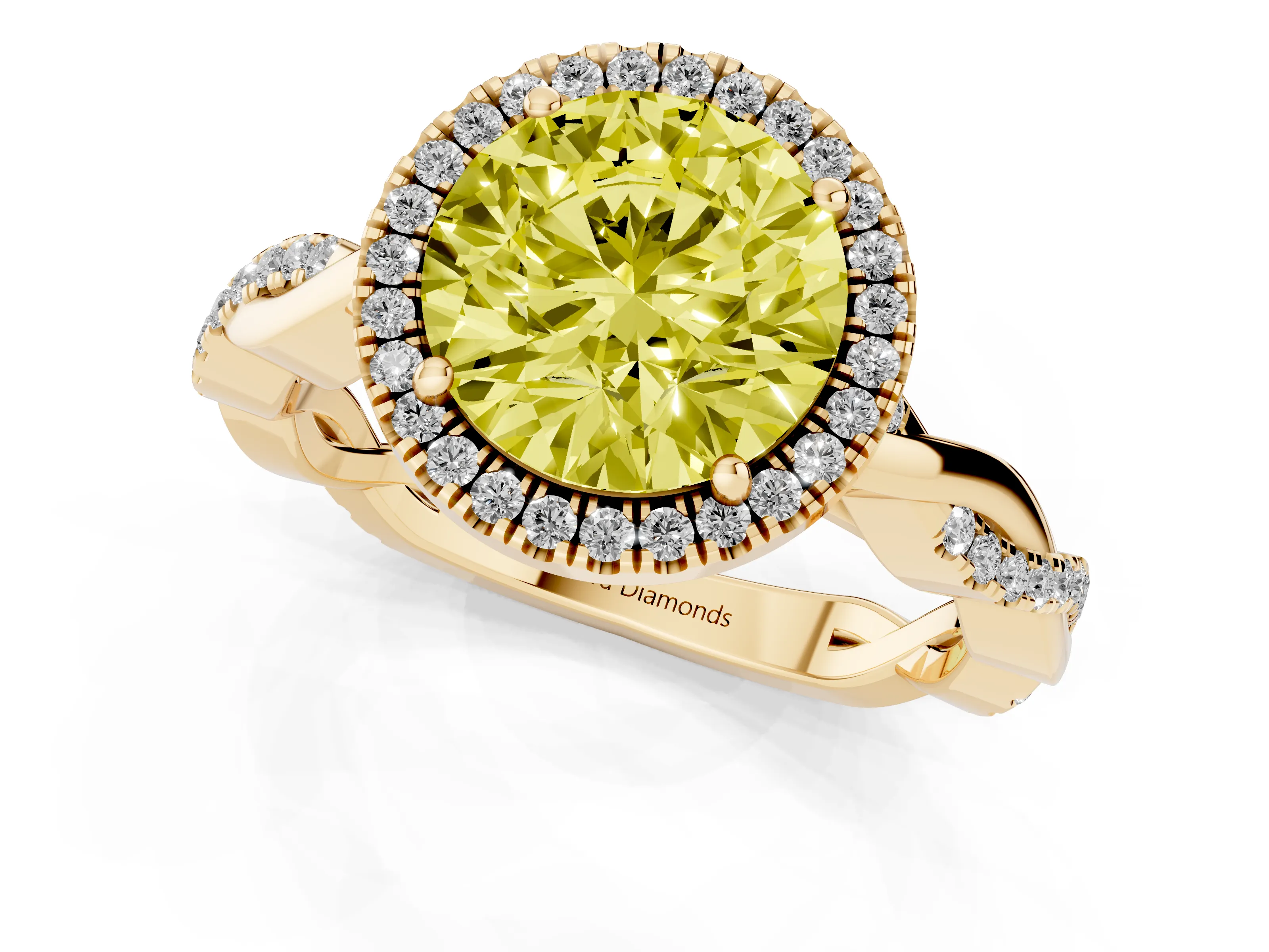 Fancy Yellow Round Cut Diamond Halo Twisted Band Ring Set in Yellow gold with Prong Setting