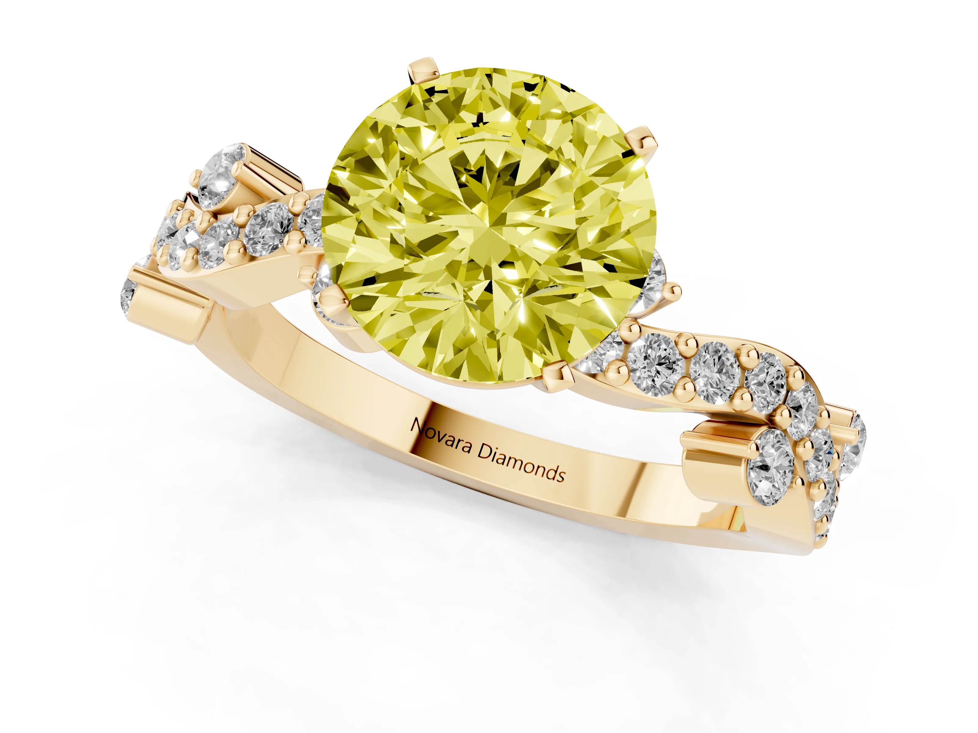 Fancy Yellow Round Cut Diamond Solitaire Twisted Band Set in Yellow gold with Pavé Setting