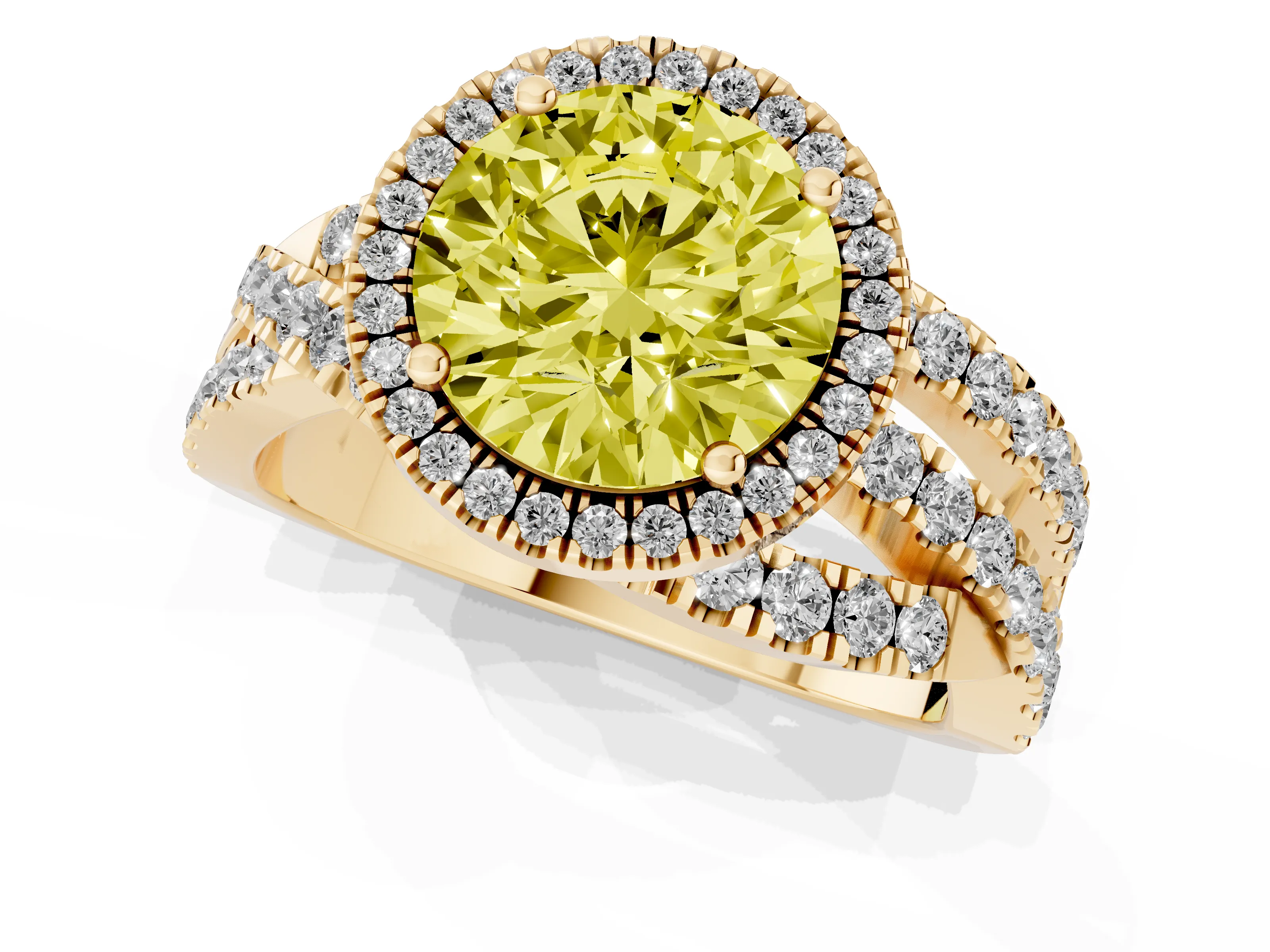 Fancy Yellow Round Cut Diamond Halo Ring Set in Yellow gold with Round Crossover Split Shank and Prong Setting