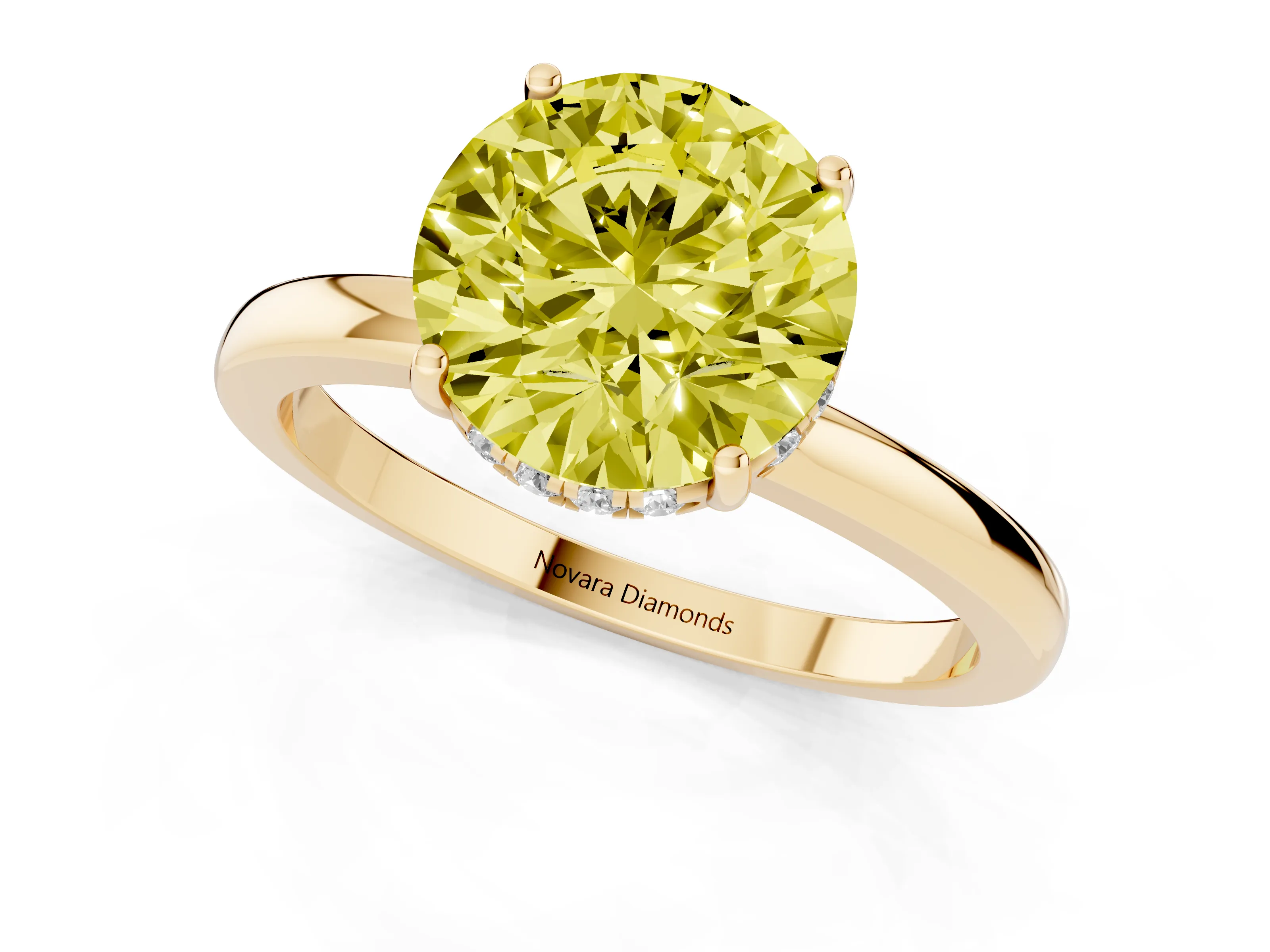 Fancy Yellow Round Cut Diamond Solitaire Ring Set in Yellow gold with Plain Band and Prong Setting