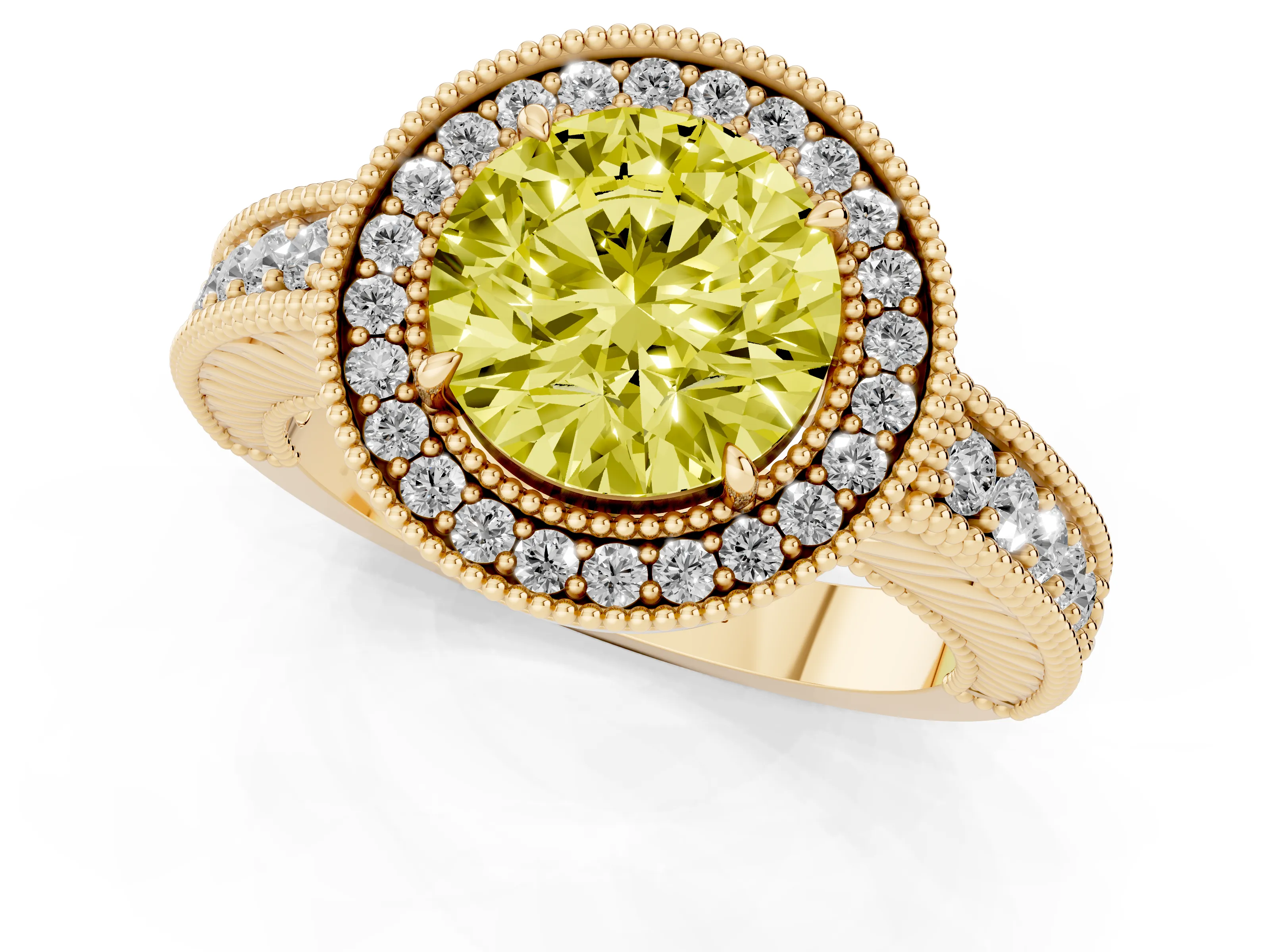 Fancy Yellow Round Cut Diamond Halo Ring Set in Yellow gold with Round Accent Halo, Pavé Band and Prong Setting