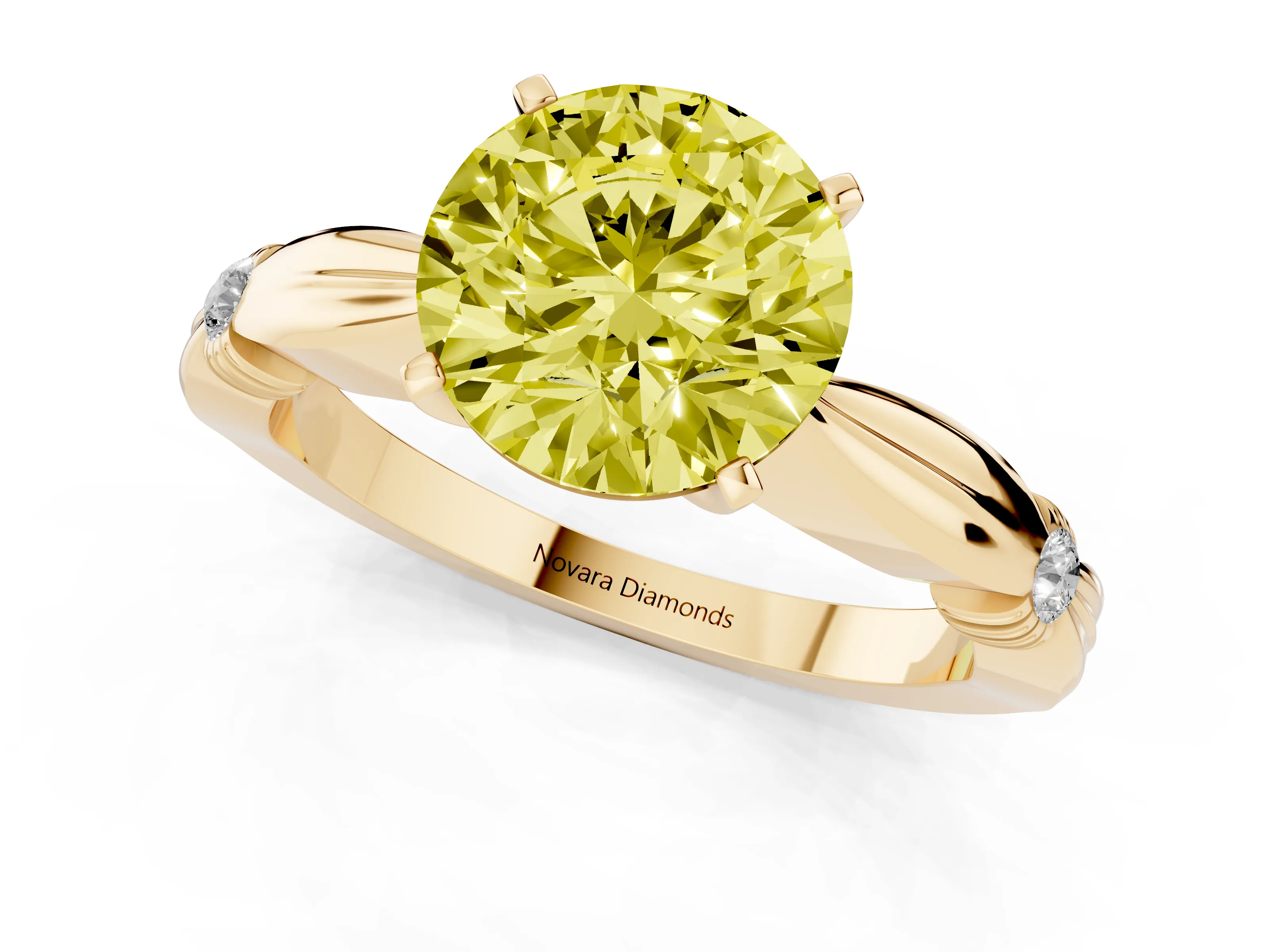 Fancy Yellow Round Cut Diamond Solitaire Twisted Band Ring Set in Yellow gold with Accent Stones and Prong Setting – second view
