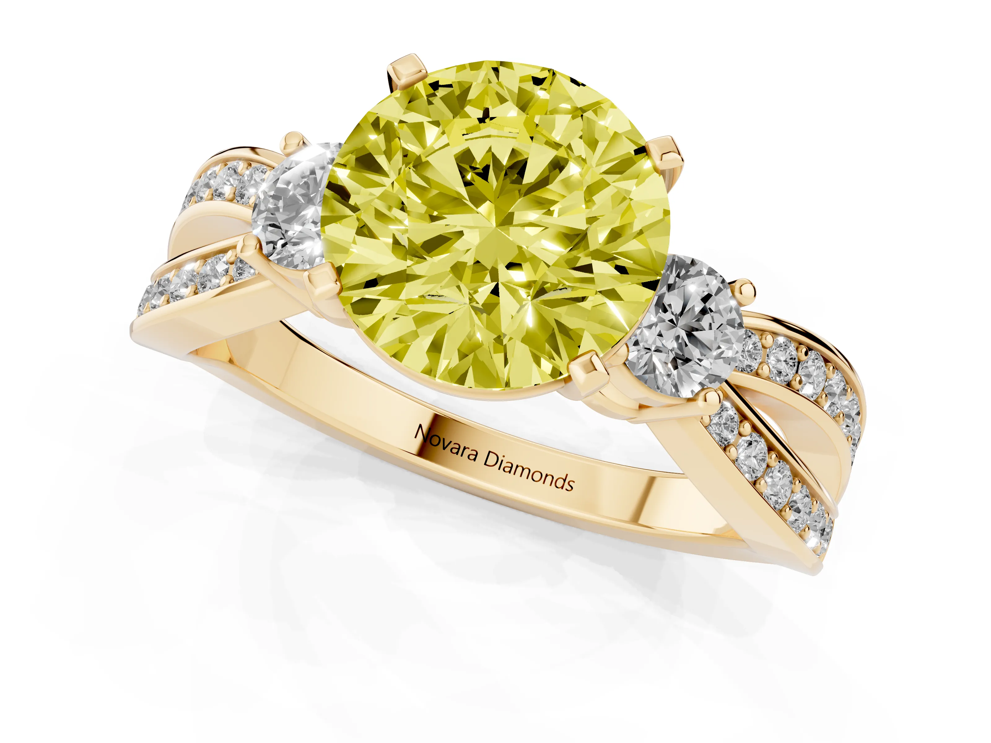 Fancy Yellow Three-Stone Round Cut Diamond Twist Band Ring Set in Yellow gold with Pavé Accents and Prong Setting