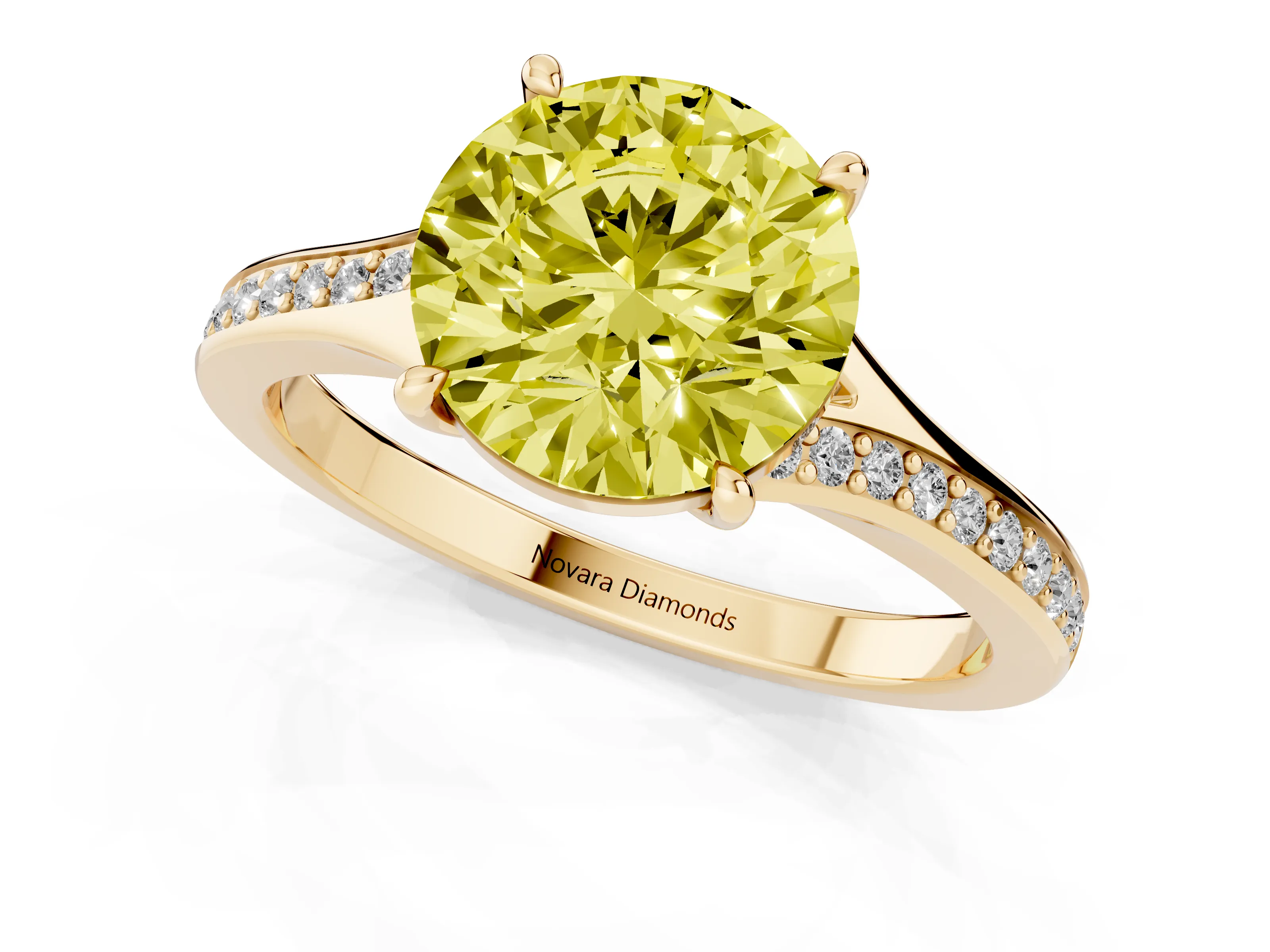 Fancy Yellow Round Cut Diamond Solitaire Ring Set in Yellow gold with Pavé Accent Band and Classic Prong Setting