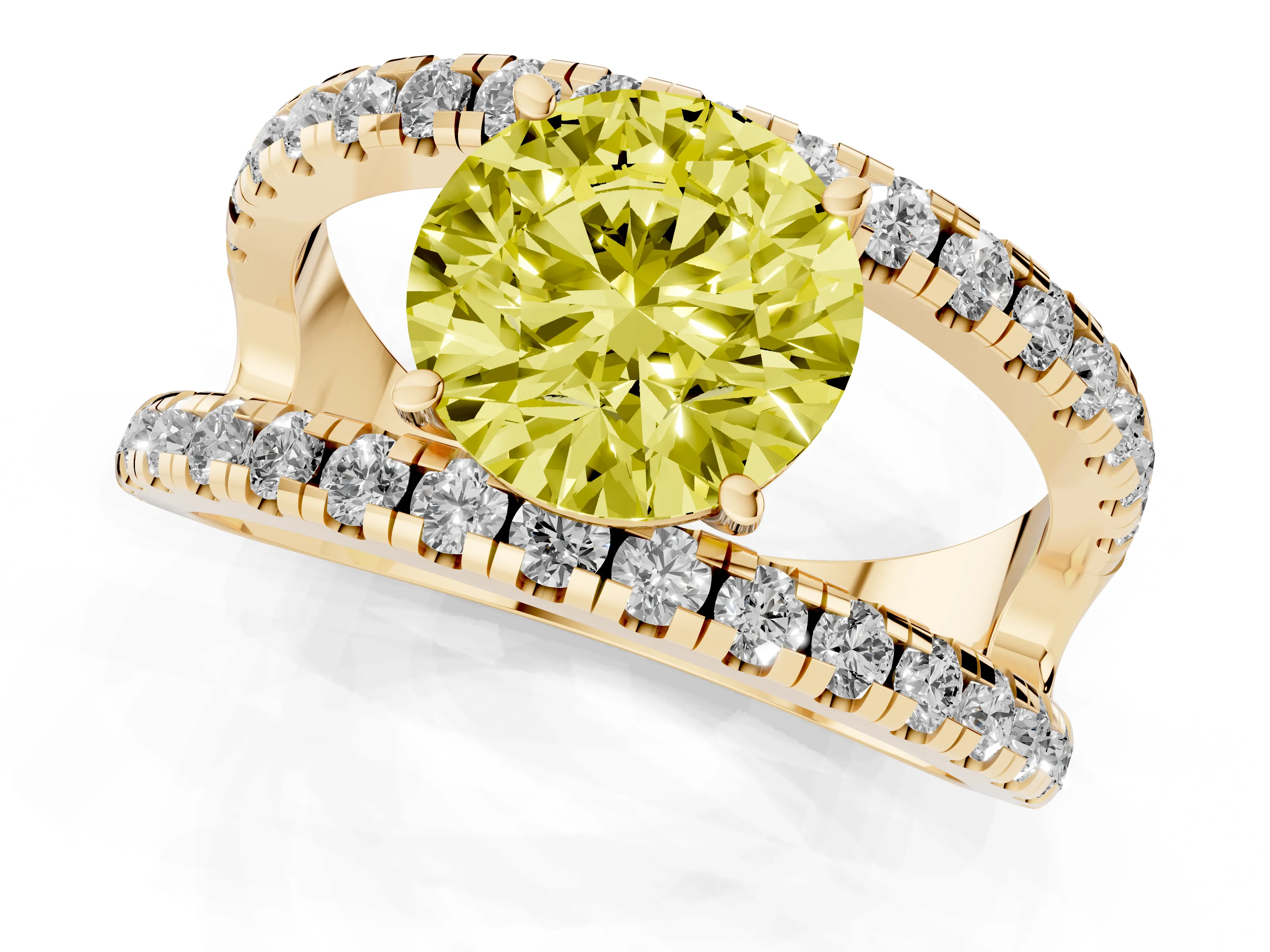 Fancy Yellow Round Cut Diamond Split Shank Pavé Solitaire Ring Set in Yellow gold with Open Shank Design