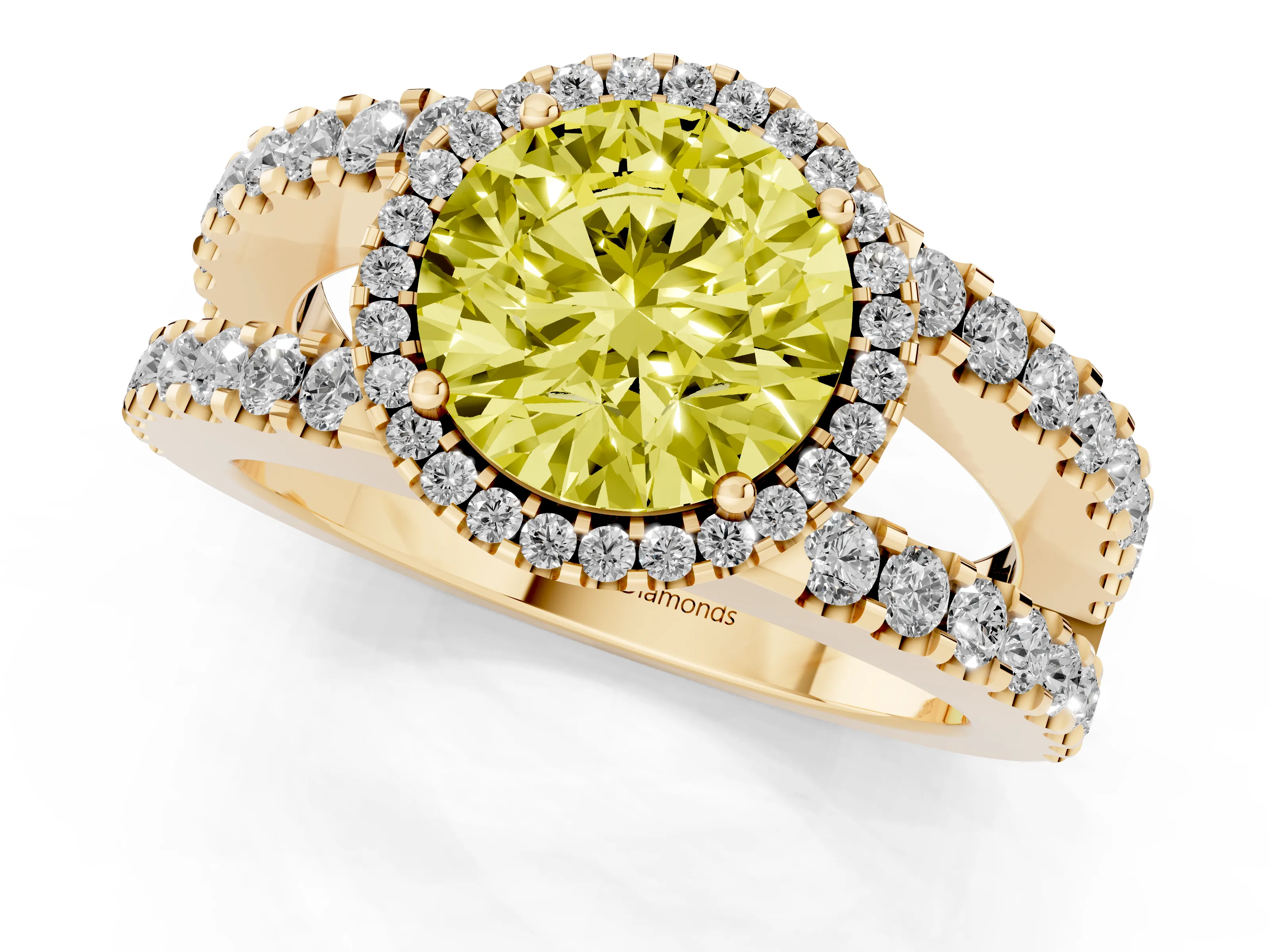 Fancy Yellow Round Cut Diamond Halo Ring Set in Yellow gold with Pavé Split Shank and Prong Setting
