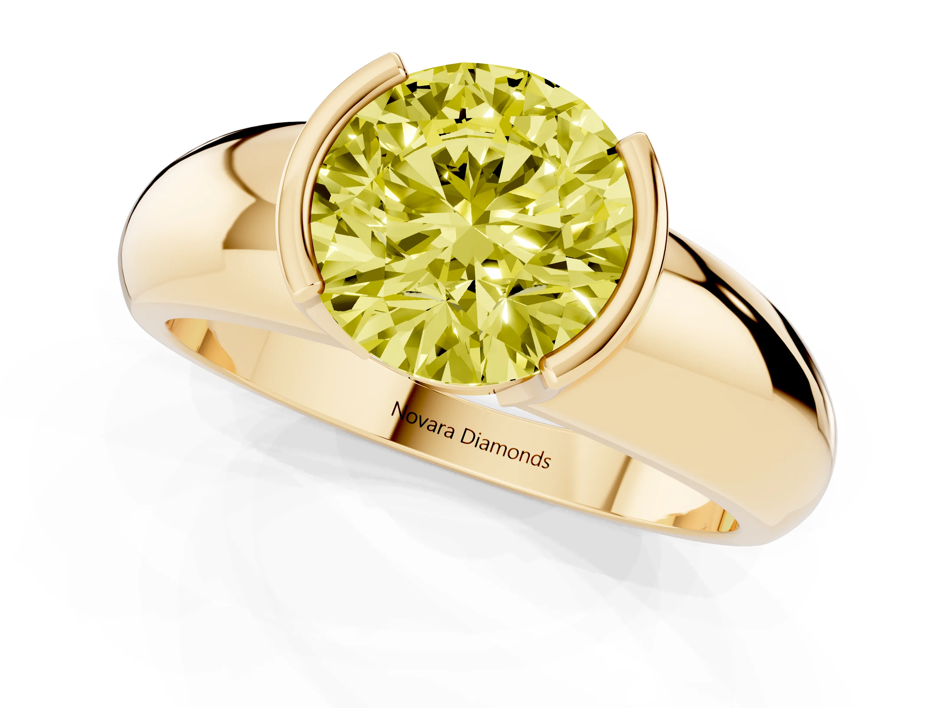 Fancy Yellow Round Cut Diamond Solitaire Tension Set Ring Set in Yellow gold with Wide Band