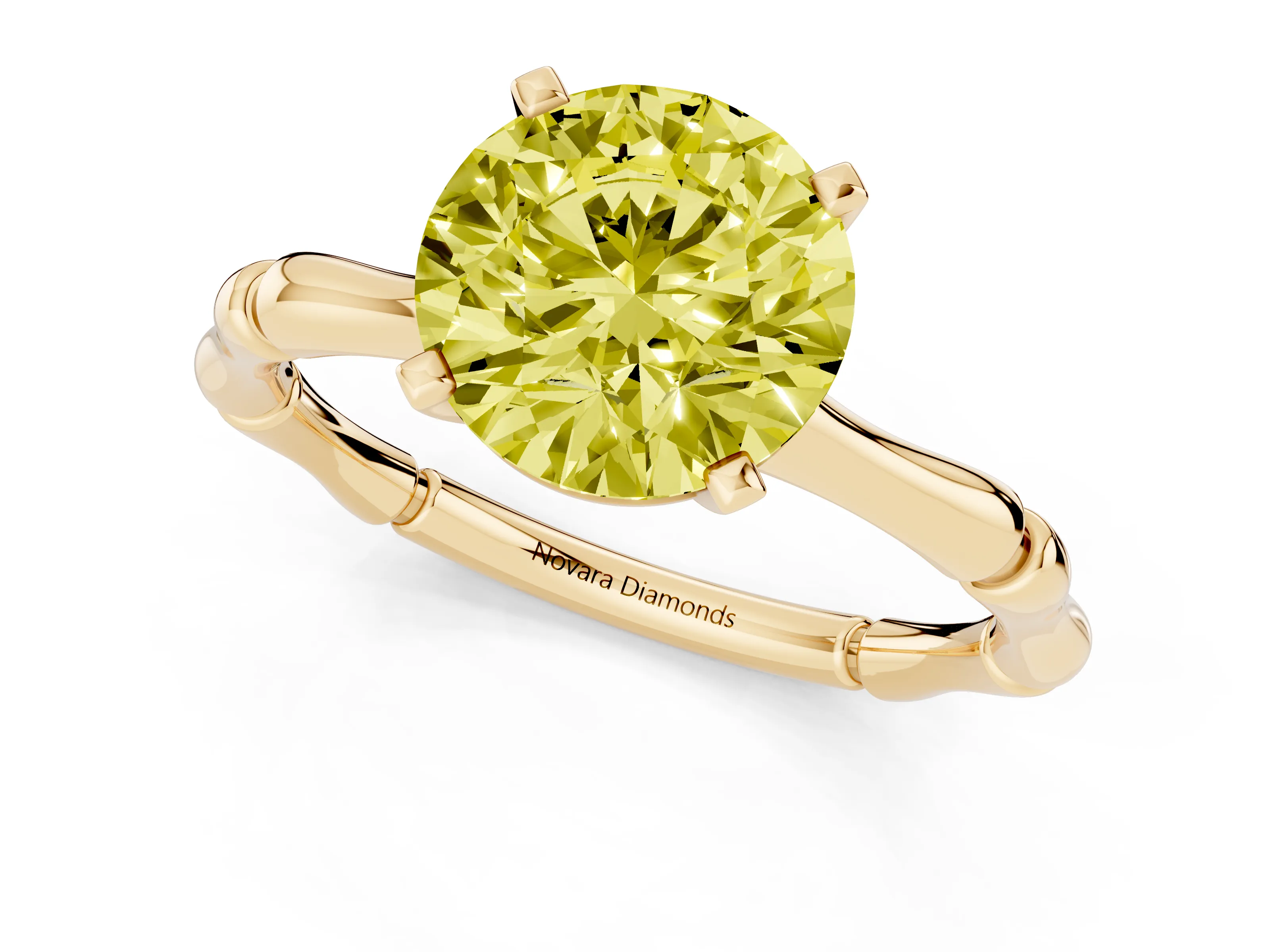 Fancy Yellow Round Cut Diamond Solitaire Ring Set in Yellow gold with Bamboo Band and Prong Setting