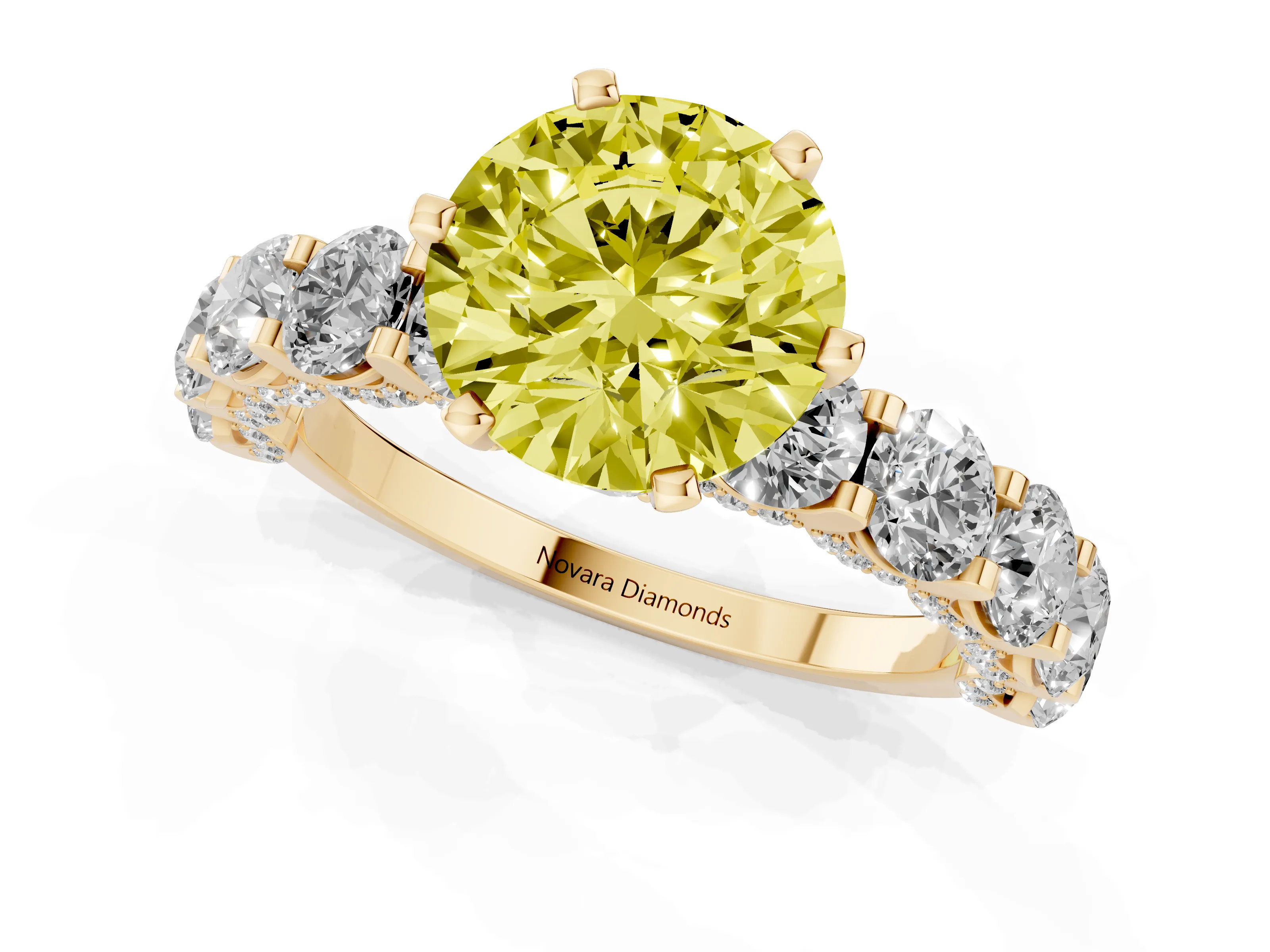 Fancy Yellow Round Cut Diamond Side Stone Ring Set in Yellow gold with Alternating Round and Oval Side Stones
