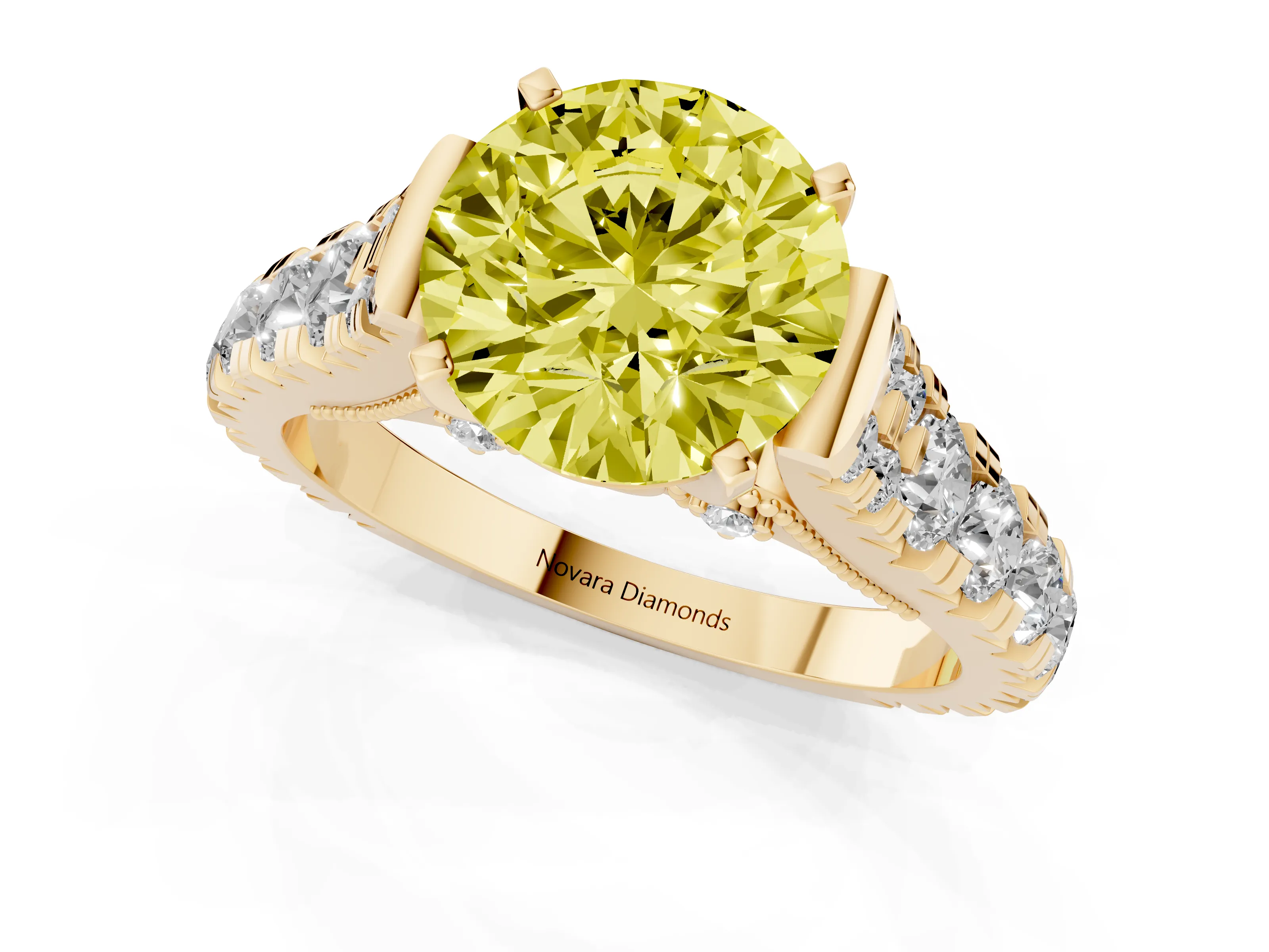 Fancy Yellow Round Cut Diamond Classic Solitaire Ring Set in Yellow gold with Pavé Band and Prong Setting