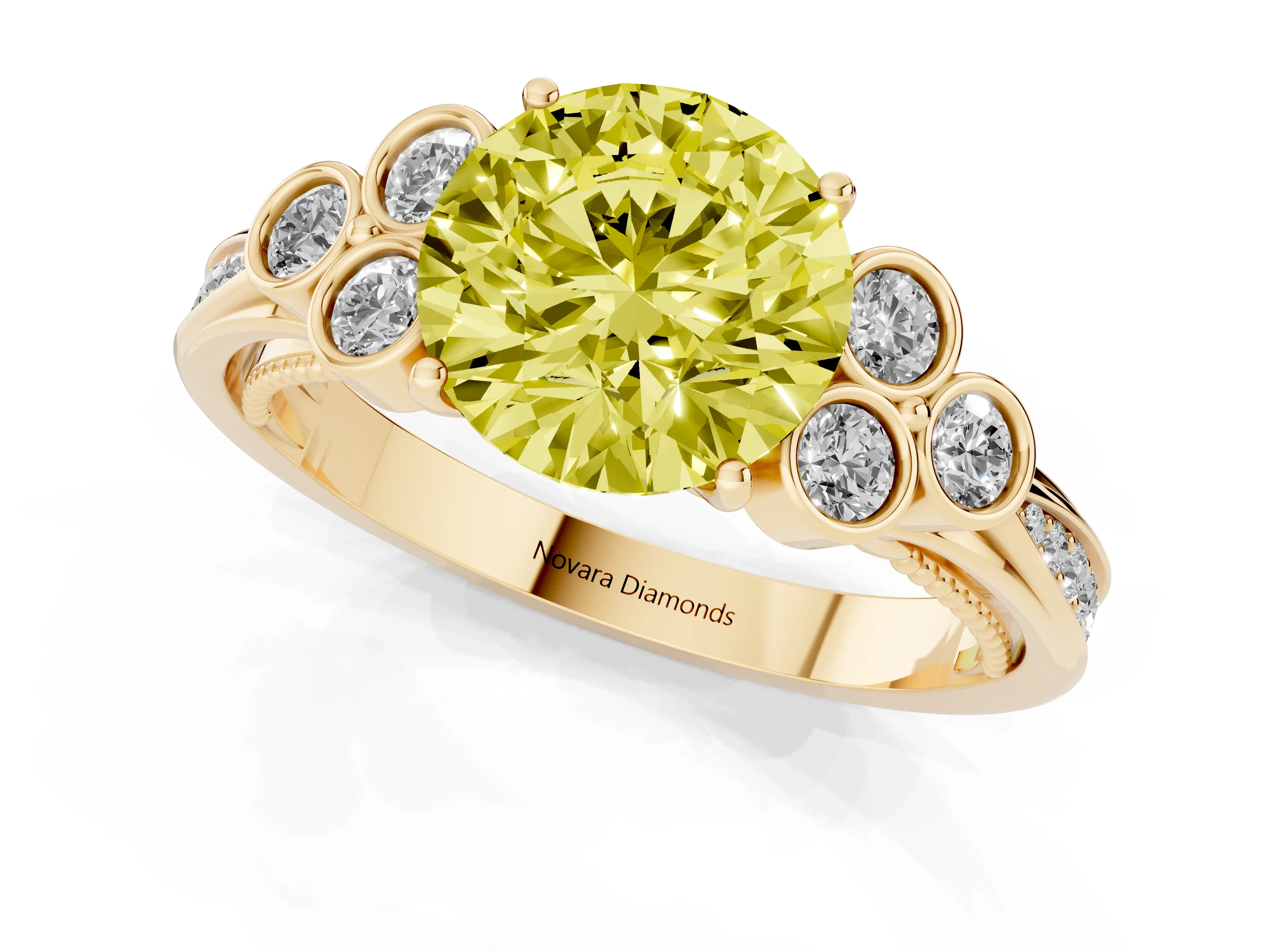 Fancy Yellow Round Cut Diamond Engagement Ring Set in Yellow gold with Bezel Set Round Side Stones and Prong Setting